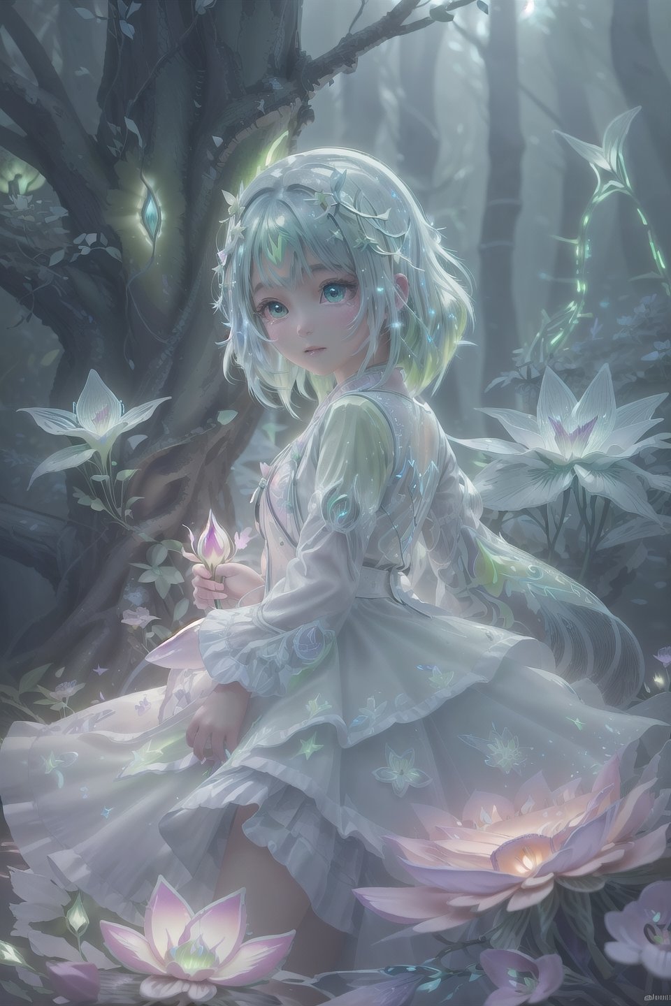 Ultra detailed illustration of a girl lost in a magical world full of wonders forest, (unique luminous flora never seen before:1.4), highly detailed, solid colors,  digital art, art by Mschiffer, night, dark, bioluminescence,1girl