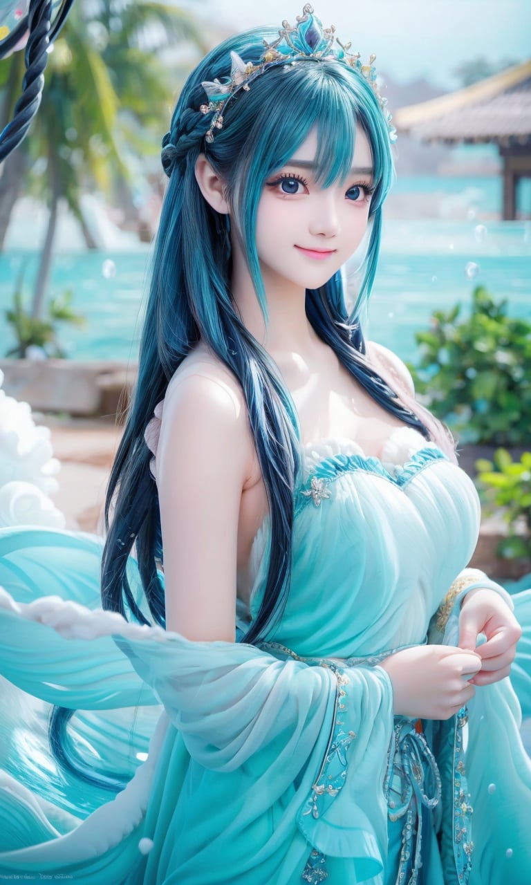 In a whimsical watercolor-inspired image, a captivating Korean idol face, radiating youthful charm, gazes directly at the viewer with her sparkling eyes and beaming smile. Her tousled hairstyle adds to her kawaii allure. She wears an enchanting Water Mage costume, featuring flowing blue robes adorned with intricate water-themed embroidery, evoking swirling ocean currents. A majestic wizard tiara rests atop her loose waves or braids, while her staff is wrapped in crystals, seashells, and ribbons, signifying mastery over the element of water. Shimmering makeup and body paint designs complete the mystical look, transporting viewers to the ancient Temple of the Deep Sea (soft focus: 2.0).