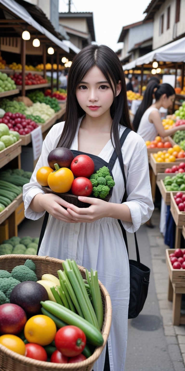 A village girl, going to the market, carrying vegetables, in the middle of a traditional market, in the far corner of the village, full of fruits, vegetables. 1girl, realistic image, RAW, realistic photo, dynamic pose, dynamic lighting, ,<lora:659111690174031528:1.0>