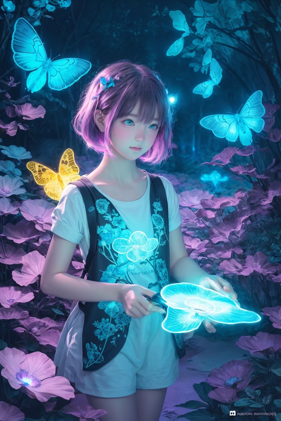 Ultra detailed illustration of a girl lost in a magical world of wonders, short hair,  glowy, bioluminescent flora, incredibly detailed, pastel colors, handpainted strokes, visible strokes, digital art, art by Mschiffer, night, red and blue bioluminescence