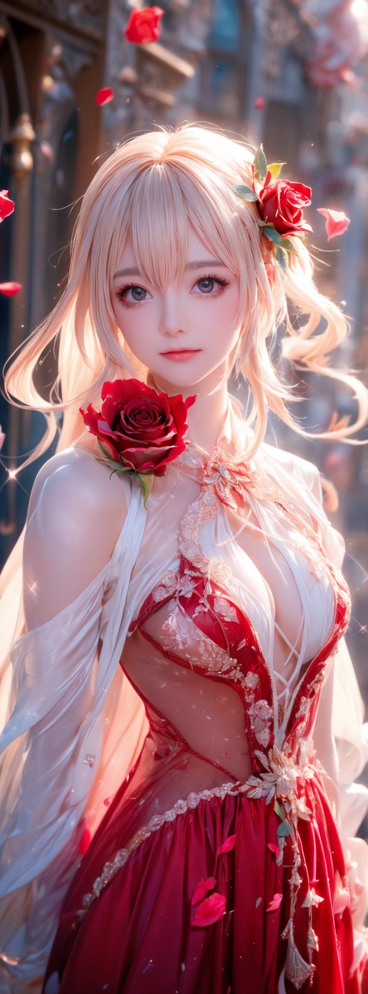 The image features a surreal and artistic composition of a woman whose face is partially obscured by a large soft red rose. The petals of the rose delicately cover her sparkle eyes and part of her face, creating an ethereal and dreamlike effect. The woman is dressed in a flowing, translucent fabric that appears to be made of soft layers, echoing the delicate nature of the red rose petals. The background is softly blurred, with a gentle, light color red palette that complements the pink tones of the rose and the fabric. The overall mood is romantic and otherworldly, ar 9:16, style raw, stylize 250,1 girl, 