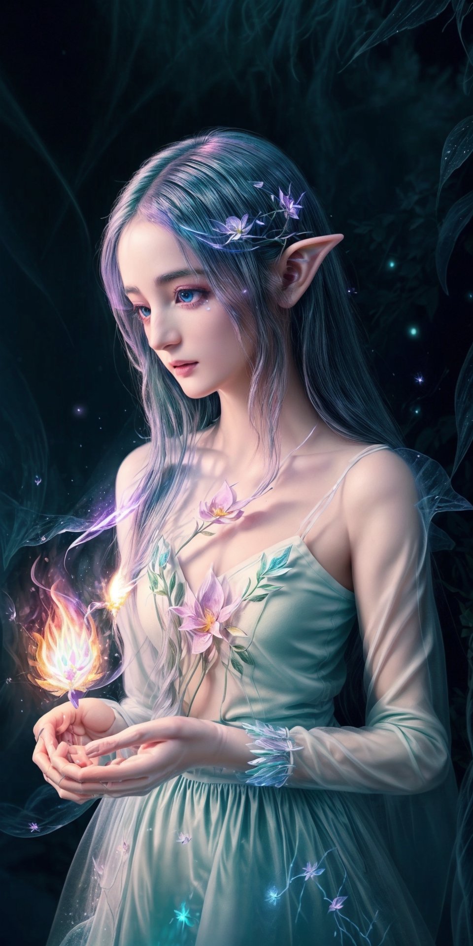 Ultra detailed illustration, a beautiful elf lost in a magical world full of wonders, (unique luminous flora:1.3), highly detailed, pastel colors,  digital art, art by Mschiffer, night, dark, bioluminescence, (magical aura , spell, fire, circle,  water, ice, fire, lightning, light_particles:1.2),more detail 