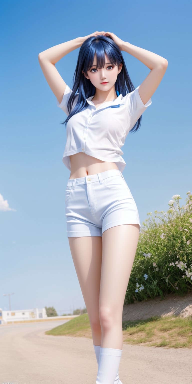 photography, hyper realistic photo, high resolution, a beautiful gril,  innocent, smooth lighting, cinematic image, outdoor, (blue sky:1.3), dynamic pose, natural face, long legs, white shirt, short blue pants,una, black shiny hair, slim, 