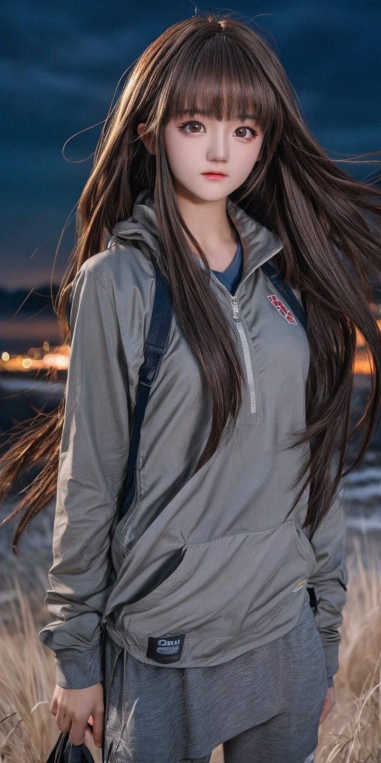 Best quality,  masterpiece,  ultra high res,  photorealistic,  (medium full shot:1.3),  raw photo,  a young girl,  17 year old,  long hair in the wind,  grey eyes,  perfect body pose,  dynamic lighting,  in the dark,  deep shadow,  cinematic image,  