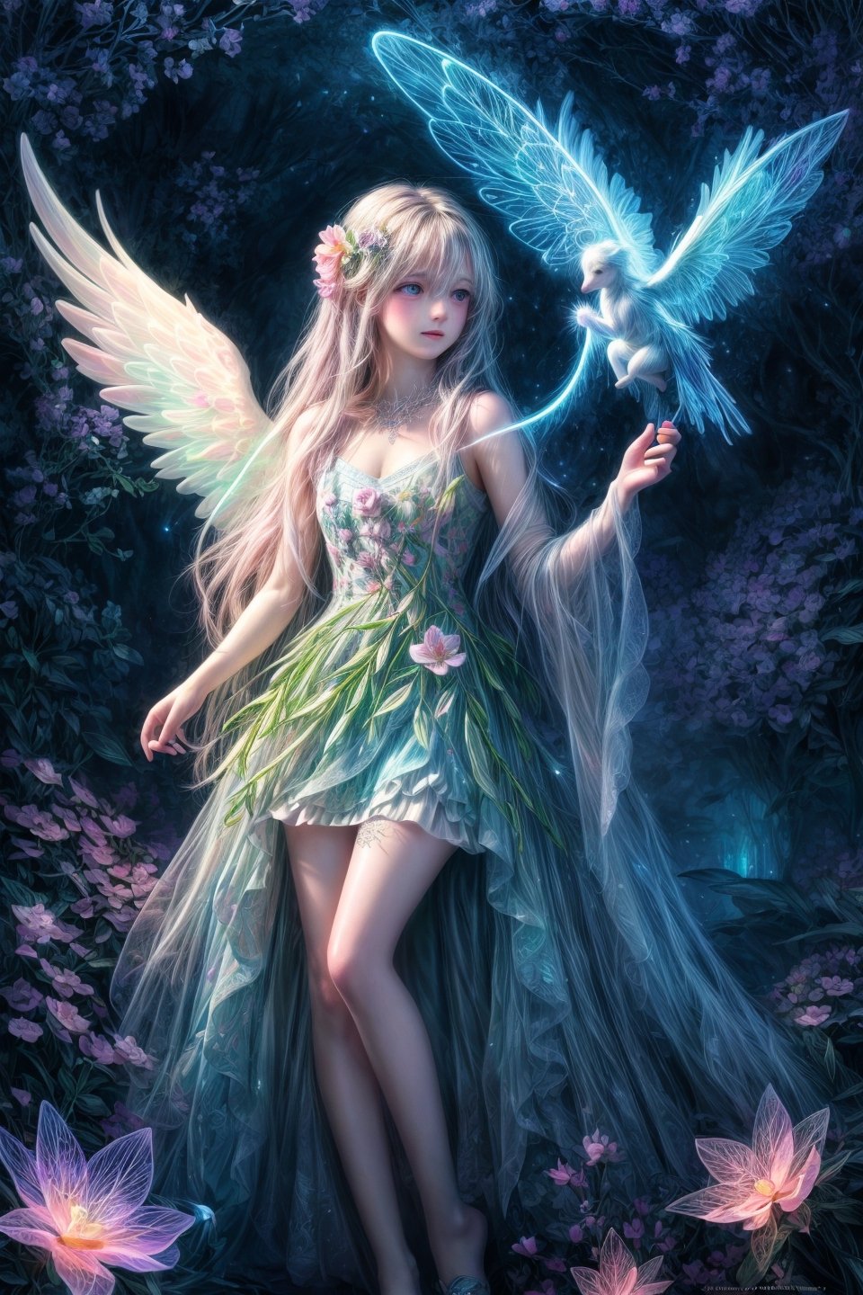Ultra detailed illustration of an angel lost in a magical world full of wonders, luminous flora and unique luminous fauna never seen before, highly detailed, pastel colors, hand painted strokes, visible strokes, digital art, art by Mschiffer, night, dark, bioluminescence