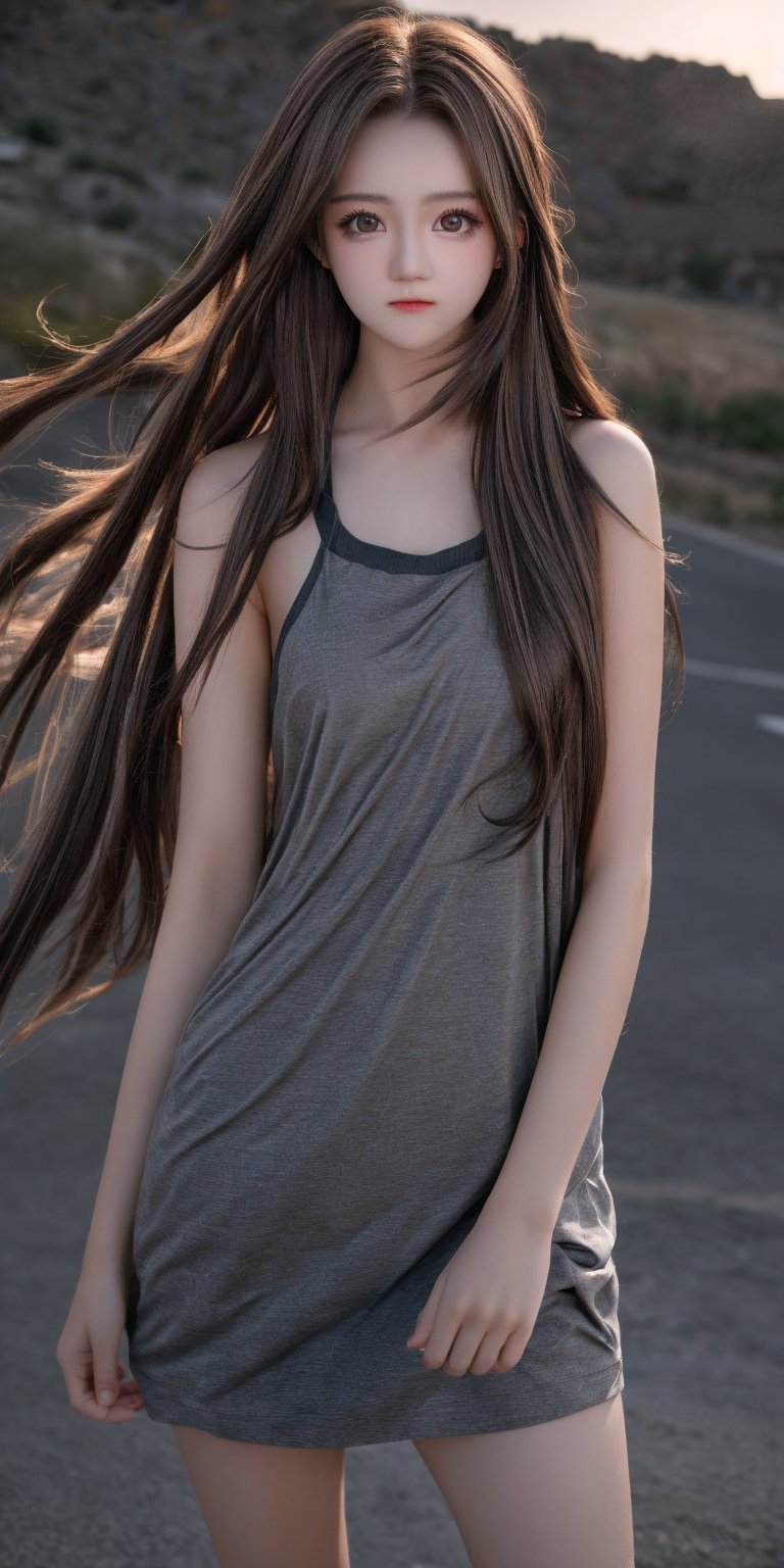 Best quality,  masterpiece,  ultra high res,  photorealistic,  (medium full shot:1.3),  raw photo,  a young girl,  17 year old,  long hair in the wind,  grey eyes,  perfect body pose,  dynamic lighting,  in the dark,  deep shadow,  cinematic image,  