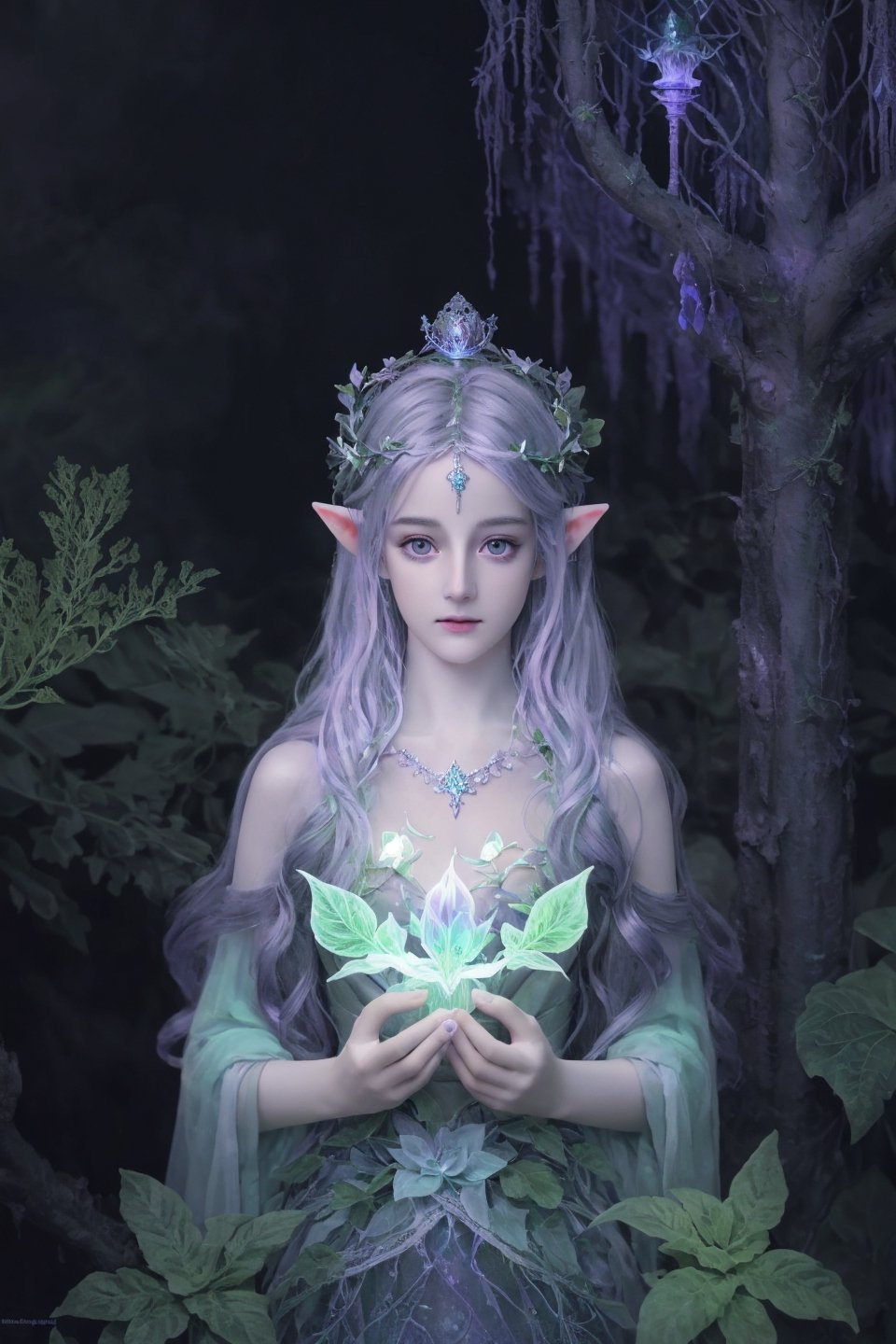 HDR, Ultra detailed illustration of a elf  with crown lost in a magical world full of wonders forest, unique luminous flora, highly detailed, pastel colors,  digital art, art by Mschiffer, night, dark, grey bioluminescence, (darkness background:1.2), 1girl, white skin, pale skin, 