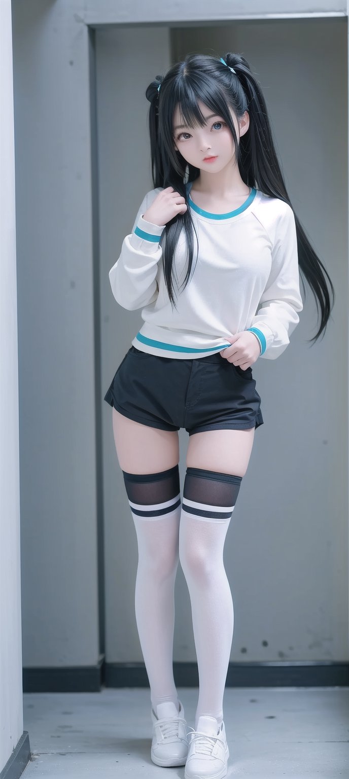 1 korean girl, solo, long hair, open mouth, bangs, blue eyes, simple background, shirt, thigh highs, long sleeves, simple dark blue background, bow, holding, blue hair, standing, full body, hair bow, multi colored hair, (left eye closed, right eyes open, :1.4256), shoes, shorts, striped, blunt bangs, hair bun, sweater, white thigh highs, black shirt, double bun, aqua hair, gradient hair, black shorts, stuffed toy, stuffed animal, sneakers, striped thigh highs, stuffed bunny, black sweater, holding stuffed toy,,<lora:659111690174031528:1.0>