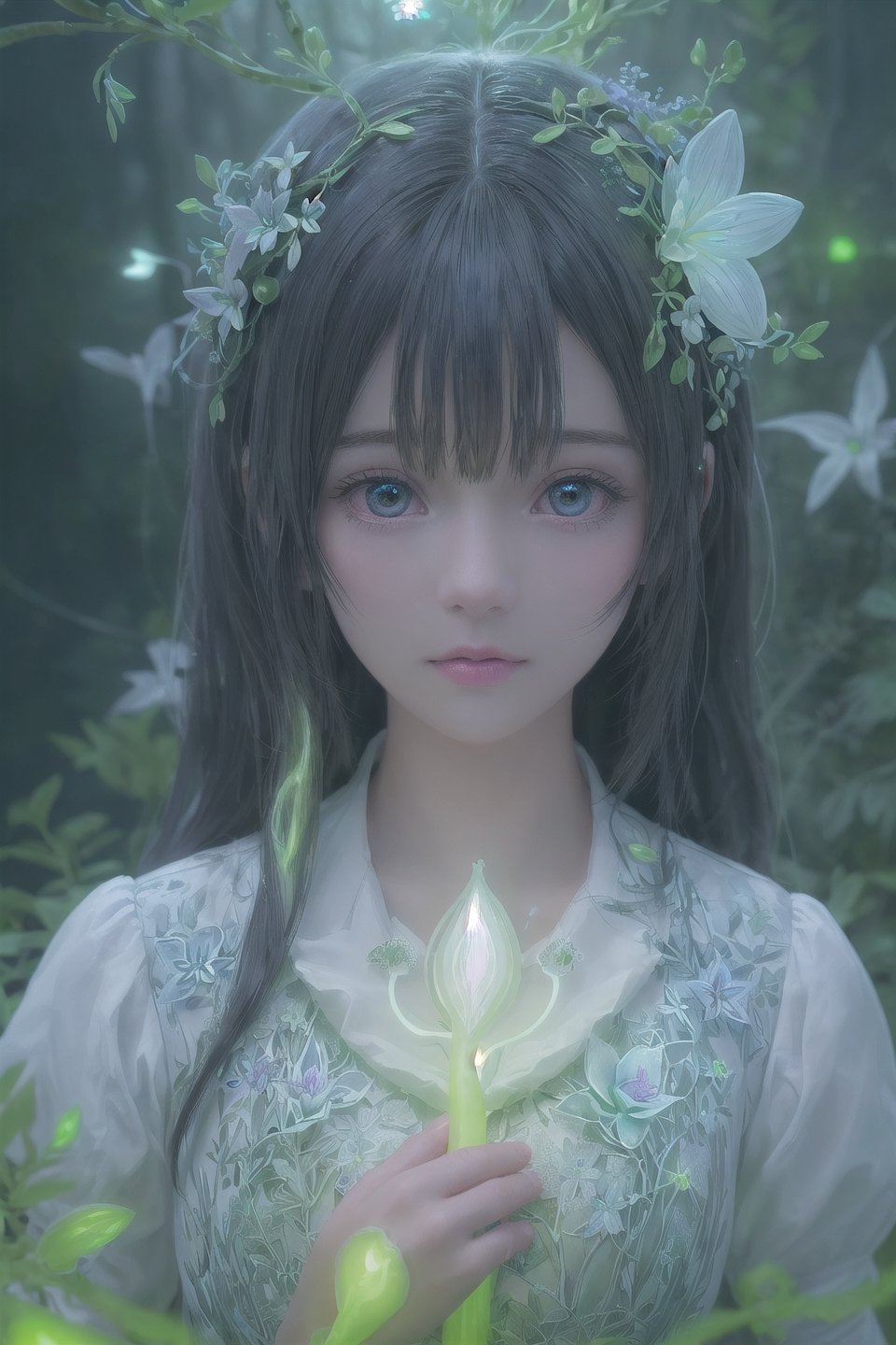 Ultra detailed illustration of a girl lost in a magical world full of wonders forest, (unique luminous flora never seen before:1.4), highly detailed, pastel colors,  digital art, art by Mschiffer, night, dark, bioluminescence,1girl