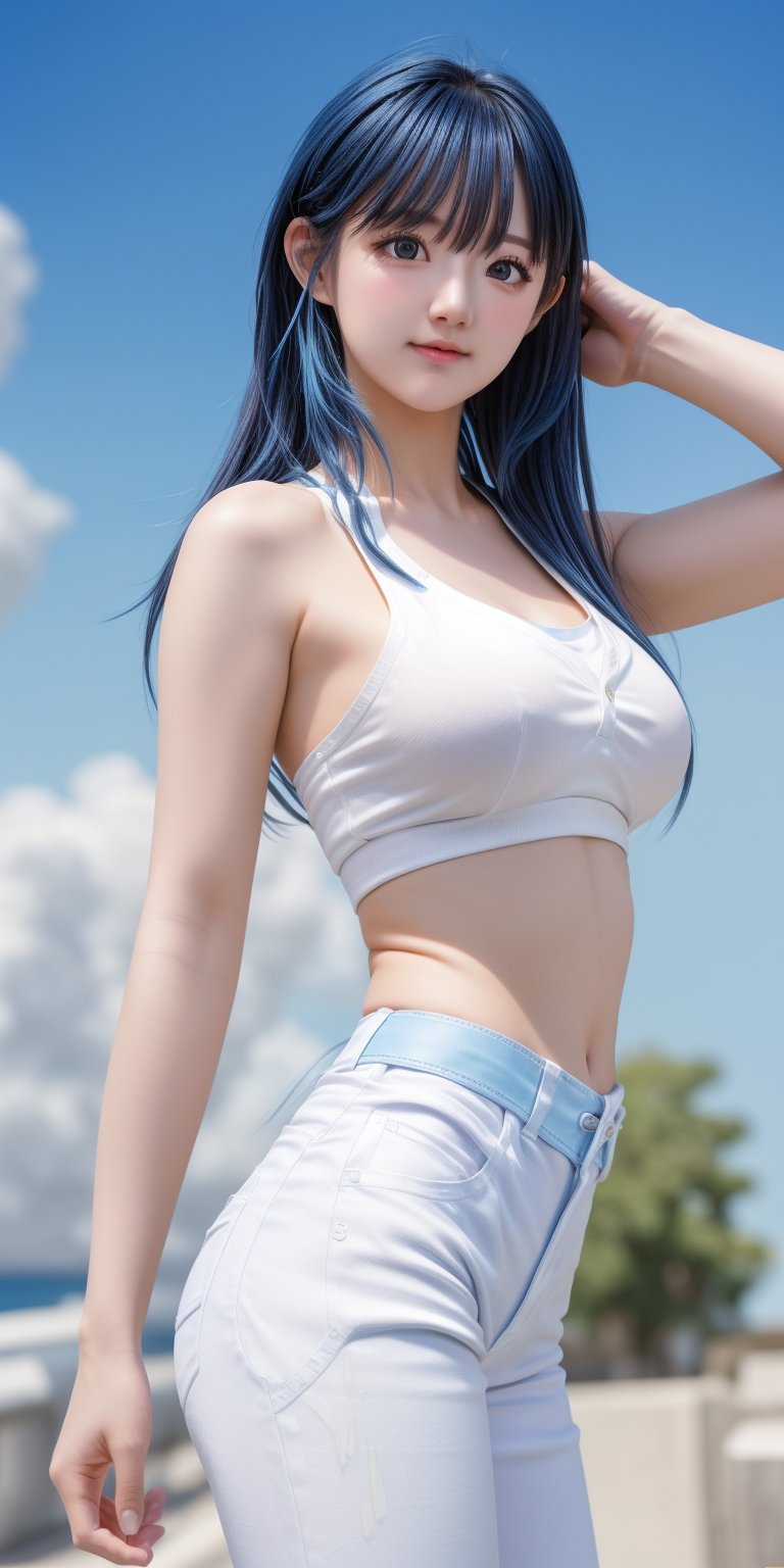 photography, hyper realistic photo, high resolution, a beautiful gril, messy hair, innocent, smooth lighting, cinematic image, outdoor, (blue sky:1.3), dynamic pose, natural face, long legs, dynamic pose, waist, white shirt, short blue pants,una, black shiny hair, 