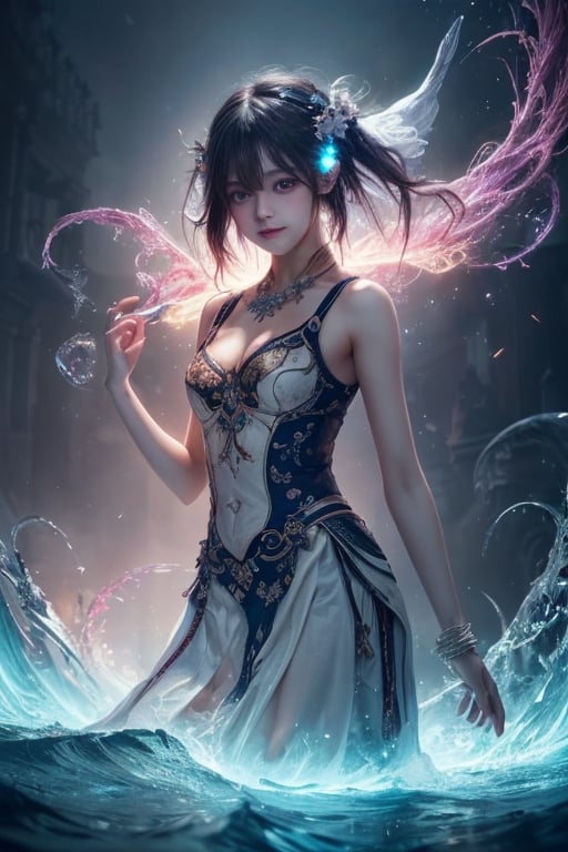 (masterpiece,  top quality,  best quality,  official art,  beautiful and aesthetic:1.2),  (1girl),  extreme detailed,  (abstract,  fractal art:1.1),  colorful hair,  highest detailed,  detailed_eyes,  fire,  water,  ice,  lightning,  light_particles,  ghost, 
