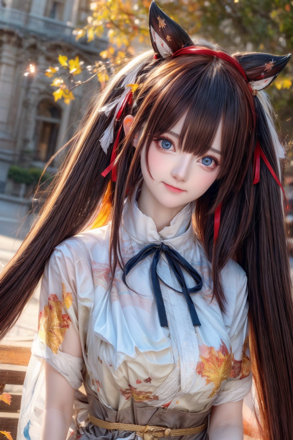 (8k, best quality, masterpiece:1.2),(best quality:1.0), (ultra highres:1.0), a beautiful girl, hair ribbons, by agnes cecile, from head to waist, extremely luminous bright design,autumn lights, long hair, big eyes, amazing eyes, details eyes,
