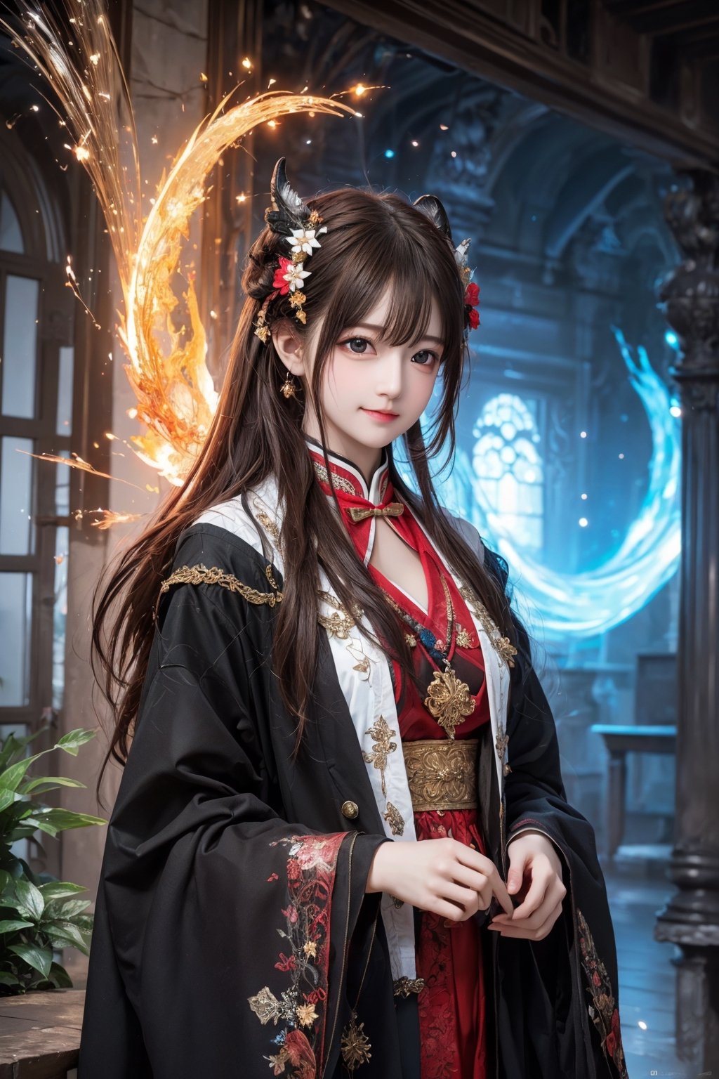 (masterpiece,  top quality,  best quality,  official art,  beautiful and aesthetic:1.2),  medium full shot, (1girl), young girl,  hanfu girl, extreme detailed, (abstract,  fractal art:1.3), colorful hair, highest detailed,  detailed_eyes,  fire dragon,  water,  ice,  lightning,  light_particles,  ,midjourney