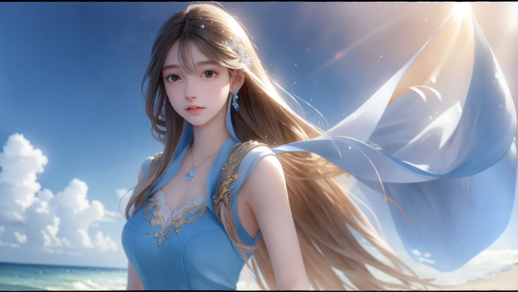 A medium shot, a young girl, 1girl, beautiful long flowing light brown hair , wearing a flowing blue and white dress made of waves, representing beauty and elegance. 8K photograph, at sunset, against a radiant and rainbow-like holographic background, a dynamic pose. Final fantasy styles, center image, a highlight in the middle of a journey.,1 girl,