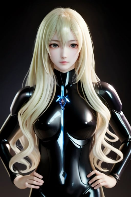 medium full shot of body,  a beautiful final fantasy style girl, (long wavy blonde hair), pale skin, fair skin,  clean detailed faces, black suit, GANTZ suit, analogous colors, glowing shadows, beautiful gradient, depth of field, clean image, high quality, high detail, high definition, Luminous Studio graphics engine, amazing pose, 