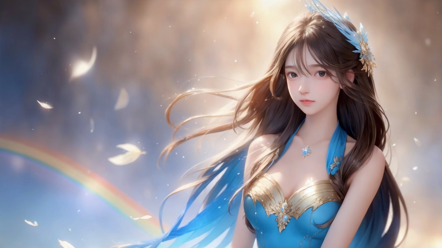 A medium shot, a young girl, 1girl, beautiful long flowing hair, (brown hair),  wearing a flowing blue gold and white dress made of waves, representing beauty and elegance. 8K photograph, at sunset, against a radiant and rainbow-like holographic background, a dynamic pose. Final fantasy styles, center image, a highlight in the middle of a journey,(1girl:1.3),