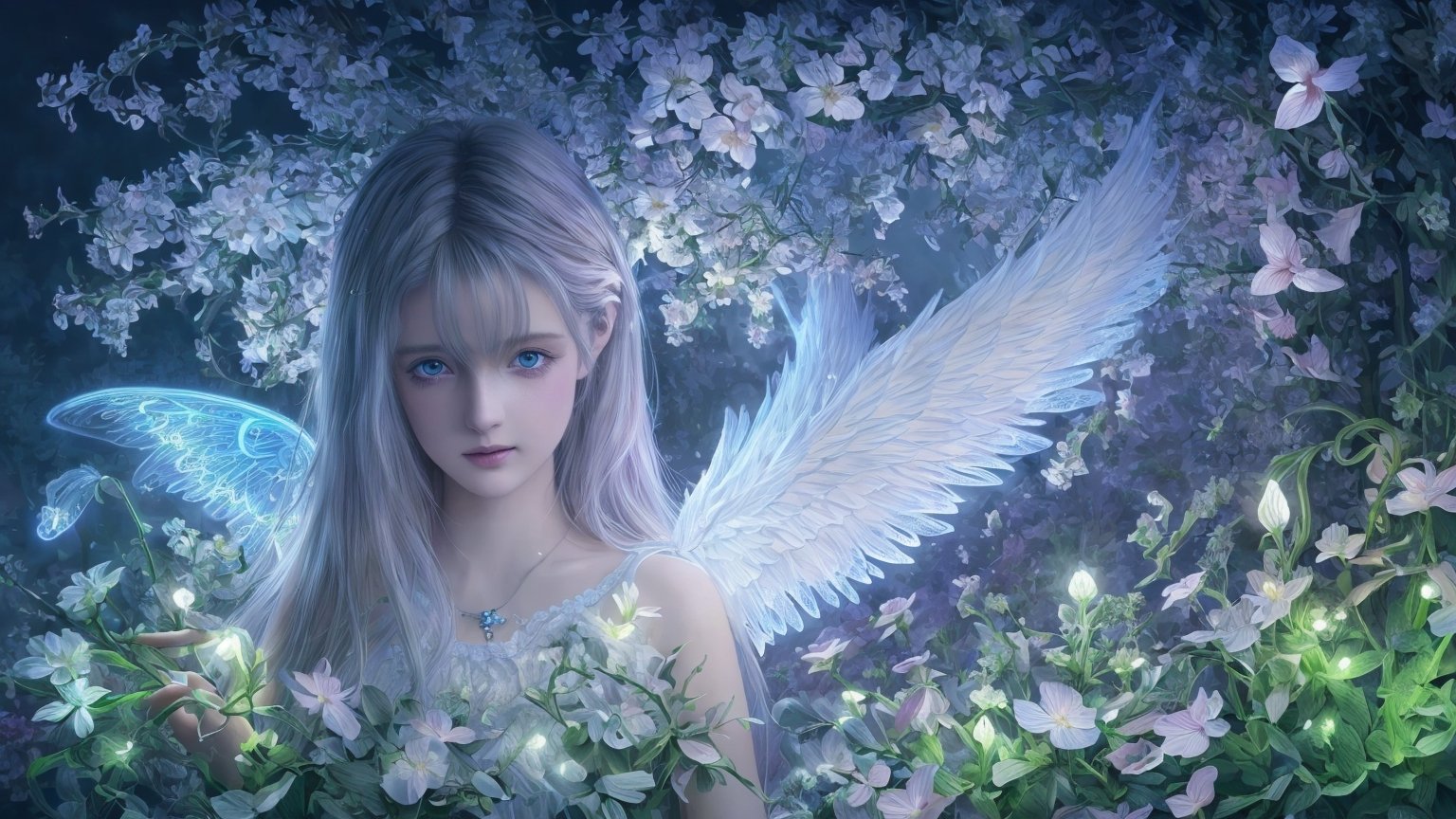 Ultra detailed illustration of an angel lost in a magical world full of wonders, unique luminous flora never seen before, highly detailed, pastel colors,  digital art, art by Mschiffer, night, dark, bioluminescence