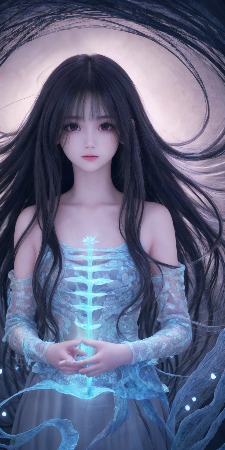 Ultra detailed realistic of a young girl lost in a magical world full of wonders, unique luminous flora never seen before, highly detailed, pastel colours, digital art, art by Mschiffer, night, dark, bioluminescence, slim, tall, perfect upper body, dynamic pose, pale skin, black hair, clear eyes, white skin, (long flowing hair, floating hair, long hair, messy hair), ((long floating sheers)), perfect fingers, long bangs, medium shot, upper body, in the dark, deep shadow, low key, intricate fractal art,luna