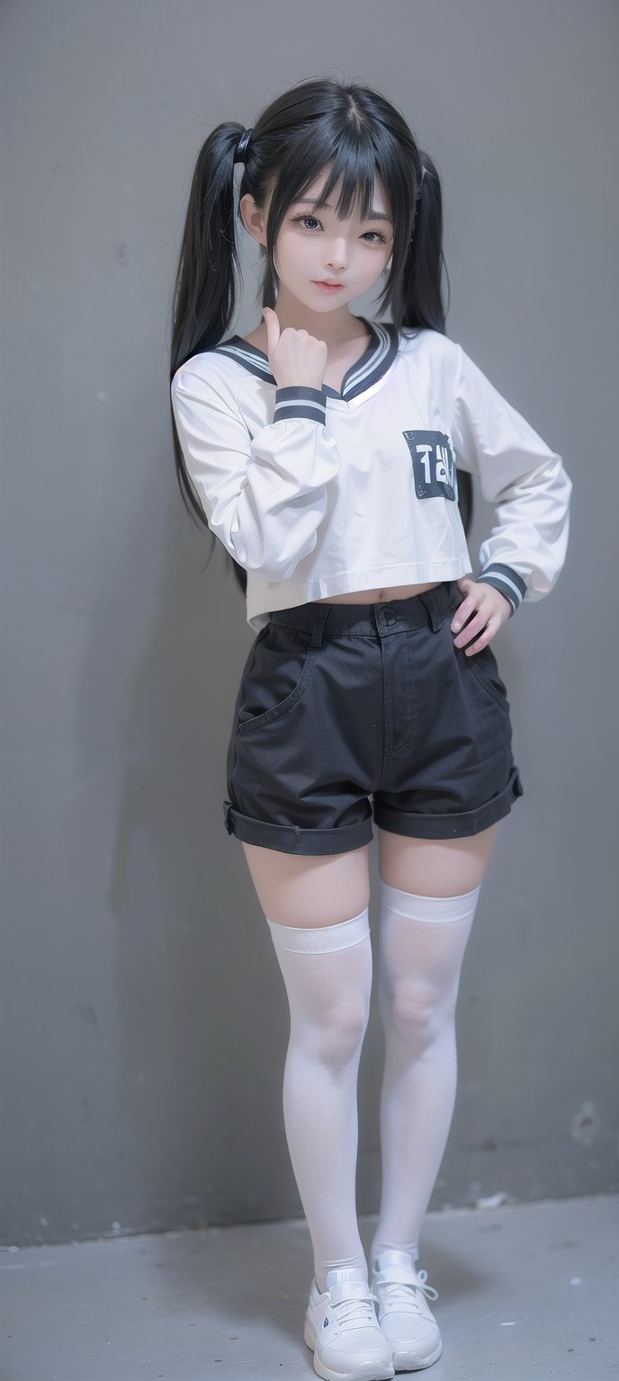 1 korean girl, solo, long hair, open mouth, bangs, blue eyes, simple background, shirt, thigh highs, long sleeves, simple dark blue background, bow, holding, blue hair, standing, full body, hair bow, multi colored hair, (one eye closed:1.3256), shoes, shorts, striped, blunt bangs, hair bun, sweater, white thigh highs, black shirt, double bun, aqua hair, gradient hair, black shorts, stuffed toy, stuffed animal, sneakers, striped thigh highs, stuffed bunny, black sweater, holding stuffed toy,