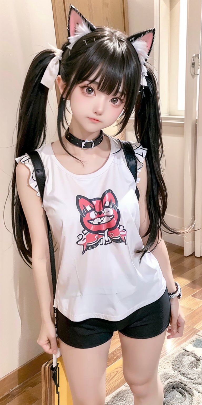 1girl, solo, long hair, hot short pants, sleeveless shirt, black hair, standing, white shirt, short sleeves, indoors, blunt bangs, plaid, feet out of frame, realistic, side back, messy twin tails hair, hyper realistic, dynamic angles from above, ((cute angry)), cat_collar, 
