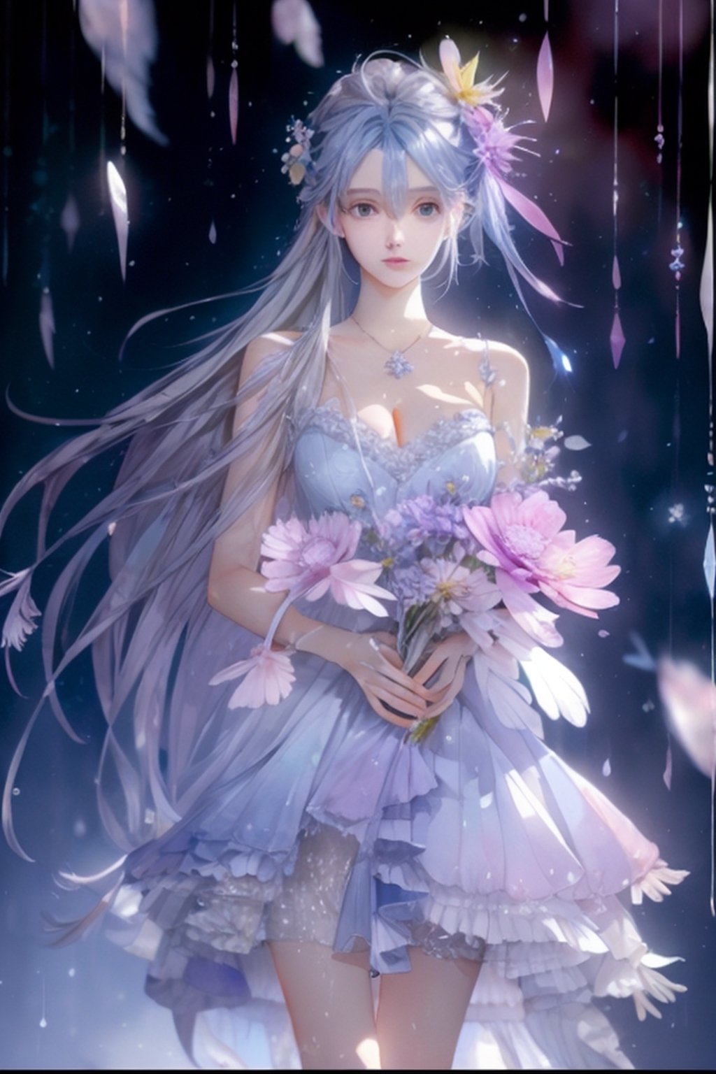 Watercolor painting, (Beautifully Aesthetic:1.2), (1girl:1.3), (colorful hair, Half blue and half grey hair:1.2), water, liquid, natta, colorful, Purple and yellow anemone flowers bloom around, Anemone blooming on the head, beautiful night, Starry sky, It's raining, Sateen, Fantastic night out,watercolor
,1 girl,midjourney,yuzu