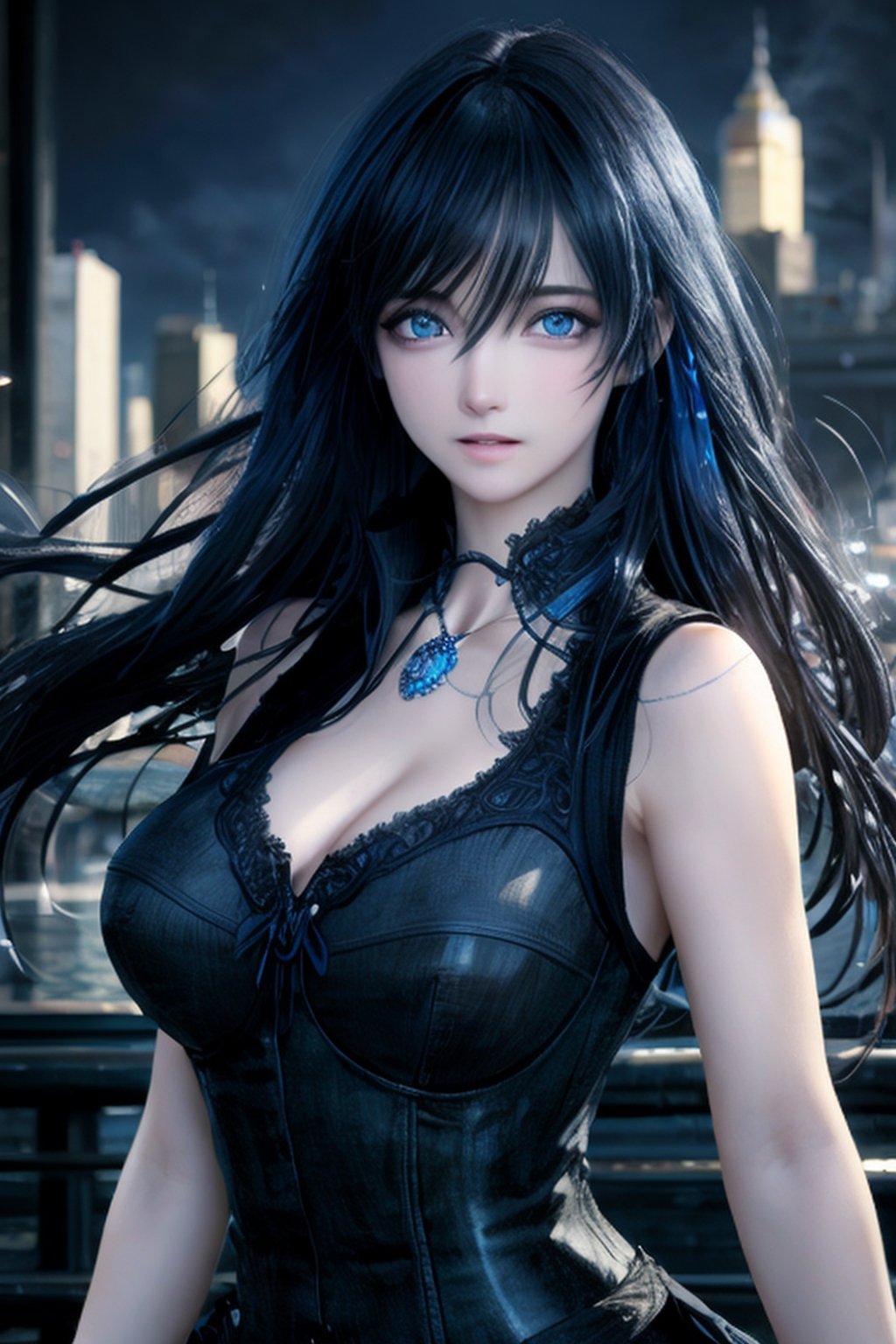 Best quality, masterpiece, ultra high res, (photorealistic:1.37), final fantasy styles, a young and serious woman, long black dark hair in the wind, blue eyes, detailed eyes and face, perfect anatomy. Medium round breast. perfect fingers. work cloths with intricate details, dynamic lighting, in the dark, deep shadow, low key, cinematic image,bright city, floting city on the background. 