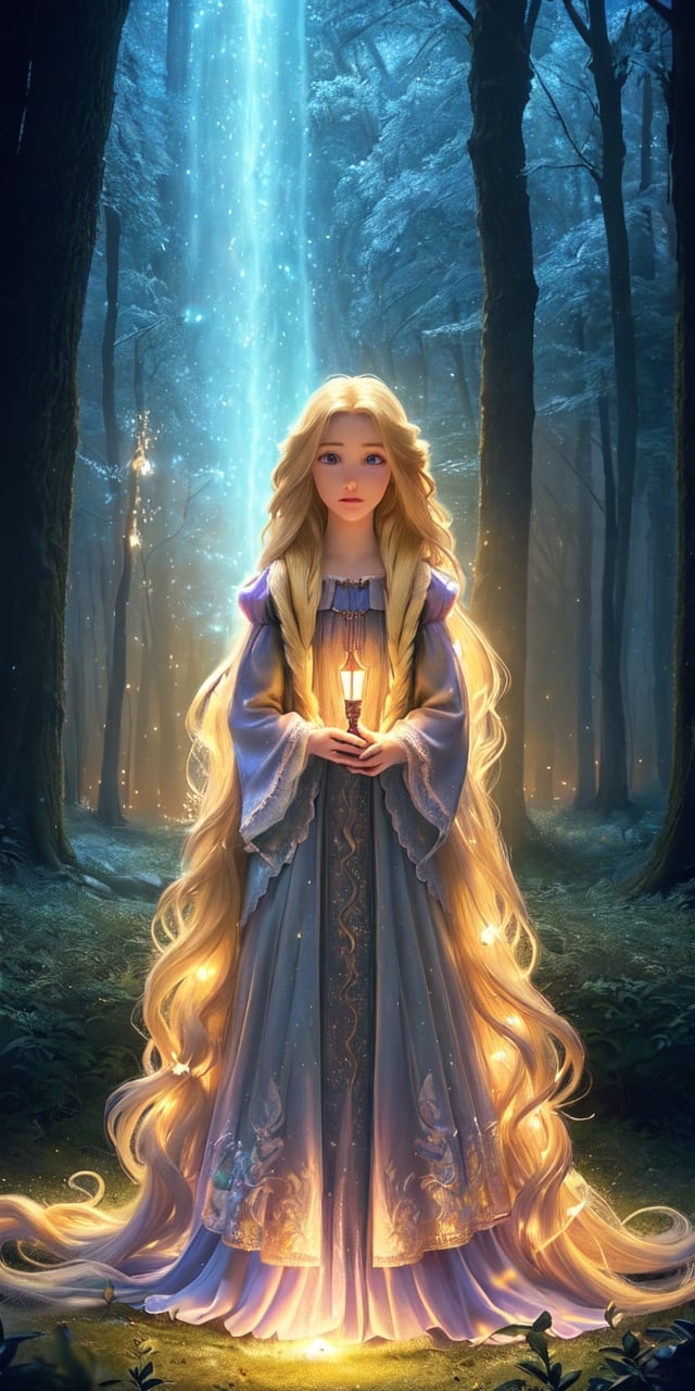 Ultra detailed illustration of a girl lost in a magical world full of wonders forest, highly detailed, digital art, art by Mschiffer, night, dark, 1girl,Holy light,1 girl, a girl named Rapunzel, (4 meters long hair:1.3), (glowing hair, luminesence blonde hair:1.2), ,rapunzel, full body shot, 