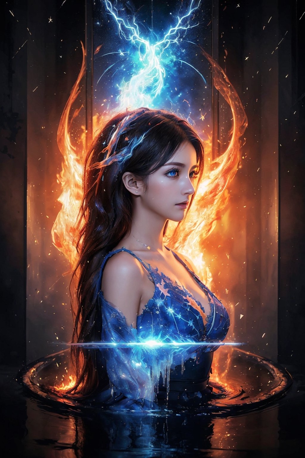 (masterpiece,  top quality,  best quality,  official art,  beautiful and aesthetic:1.5),  medium shot, (1girl), princess dress, (topless:0.8), extreme detailed, (abstract,  fractal art), long hair, floating hair, highest detailed,  detailed_eyes,  big eyes, water, ice, fire,  lightning,  light_particles,  ,midjourney,fantasy00d