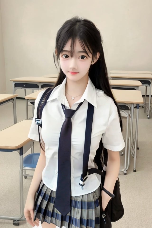 masterpiece, high res, 1girl, 17 years old,  school uniform, white shirt, mini skirt, school bag, table, chair, class room background, cute face, natural lighting, 
