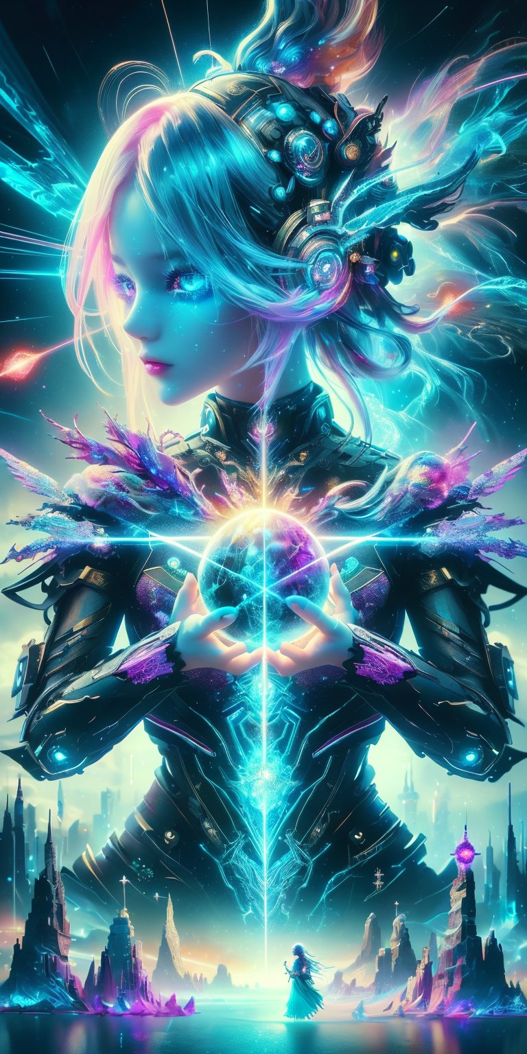 A beautiful girl, high details eyes, fair skin,  (masterpiece, top quality, best quality, official art, beautiful and aesthetic:1.2), extreme detailed, abstract, fractal art,colorful hair,highest detailed, detailed_eyes, fire, water, ice, lightning, light_particles, ghost,glitter,Strong Backlit Particles,1girl,Holy light,C7b3rp0nkStyle