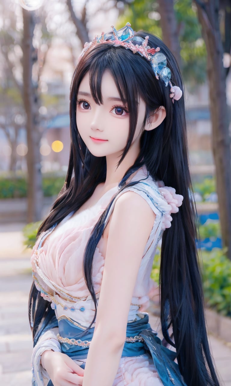 In a breathtakingly beautiful watercolor shot (soft focus: 2.0), a stunning Korean girl, an 18-year-old idol face, gazes directly at the viewer with her oversized, sparkling eyes and radiant smile. Her randomly styled hairstyle adds to her kawaii charm. She wears a mesmerizing Fashions Elemental Water Mage costume, featuring a dark blue robe adorned with flowing fabric and intricate water-themed embroidery. The flowing layers evoke the illusion of swirling water currents. A wide-brimmed wizard tiara with water droplet-shaped embellishments rests atop her loose waves or braids. Her staff or scepter is wrapped in crystals, seashells, or flowing ribbons, symbolizing control over the element of water. Shimmering makeup and intricate body paint designs complete the look, transporting viewers to the mystical Temple of the Deep Sea (front: 1.5). The best lighting and bokeh effect enhance the sense of depth, while a subtle lens flare adds a touch of magic.