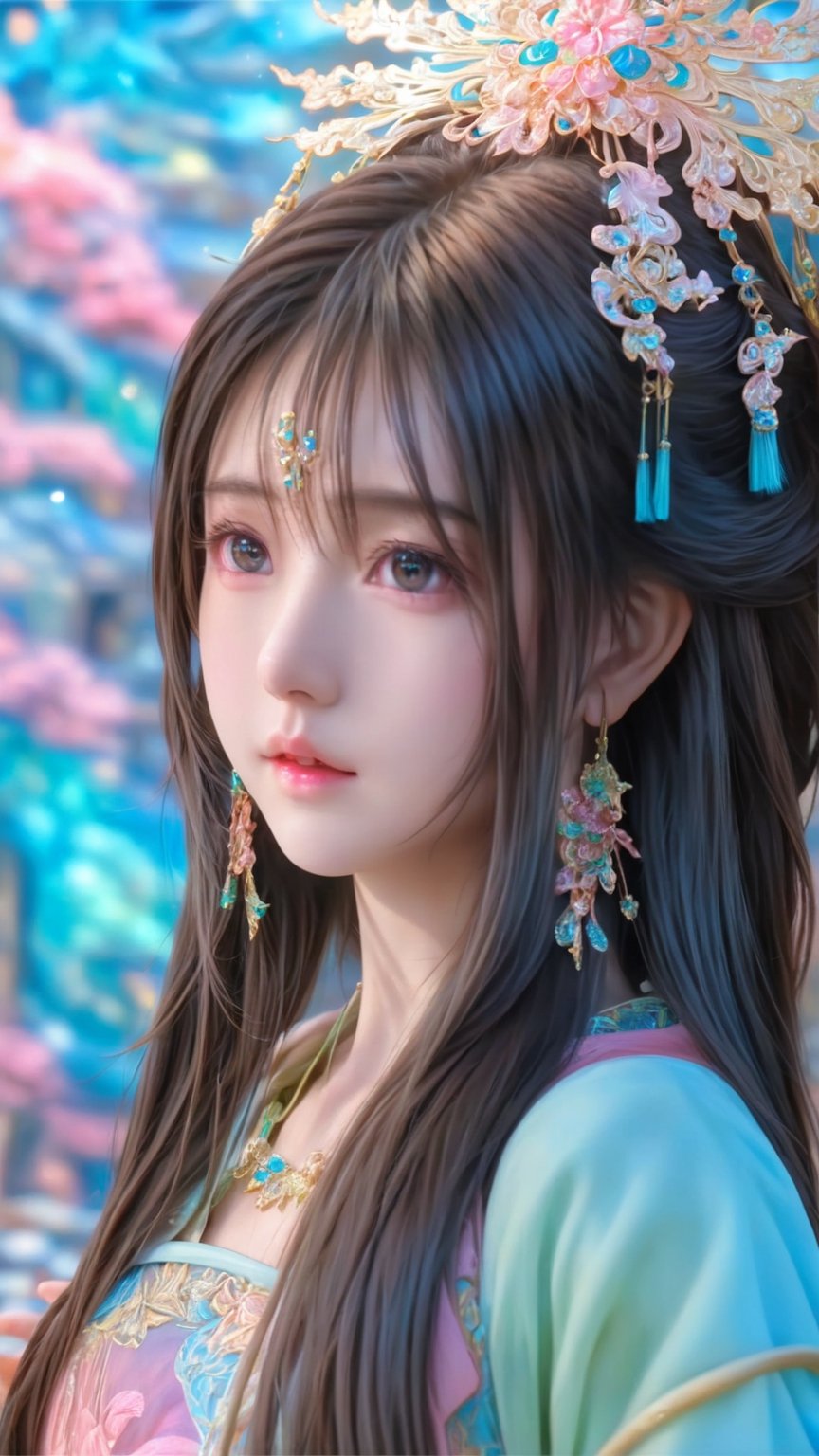 (masterpiece, top quality, best quality, official art, beautiful and aesthetic:1.2), (1girl), extreme detailed,(abstract, fractal art:1.3), shoulder, fair skin, cute fang, open mouth, highest detailed, detailed_eyes, light_particles, hanfu,jewelry, sexy, blue ,soft green, soft pink , yellow, medium shot, upper body shot, long brown hair, bangs, ,photo r3al,photo_b00ster,daxiushan