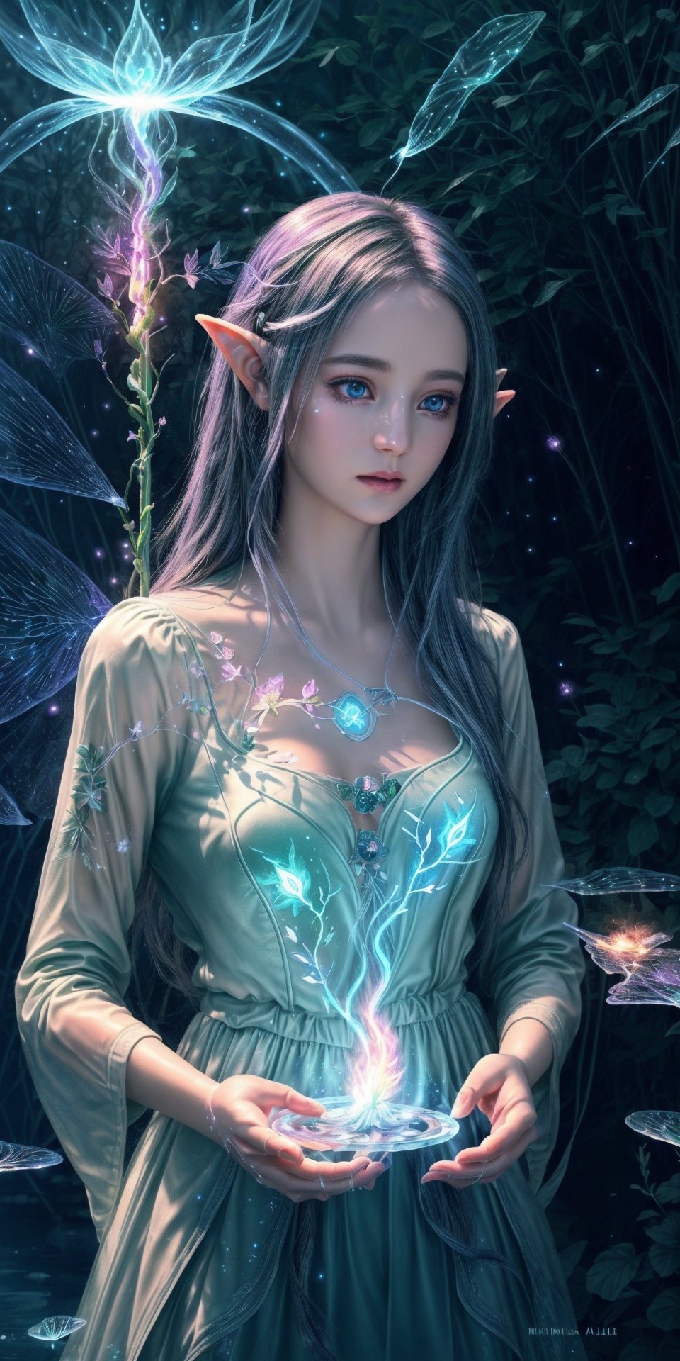 Ultra detailed illustration, a beautiful elf lost in a magical world full of wonders, unique luminous flora, highly detailed, pastel colors,  digital art, art by Mschiffer, night, dark, bioluminescence, (magical aura , spell, fire, circle,  water, ice, fire, lightning, light_particles:1.2)