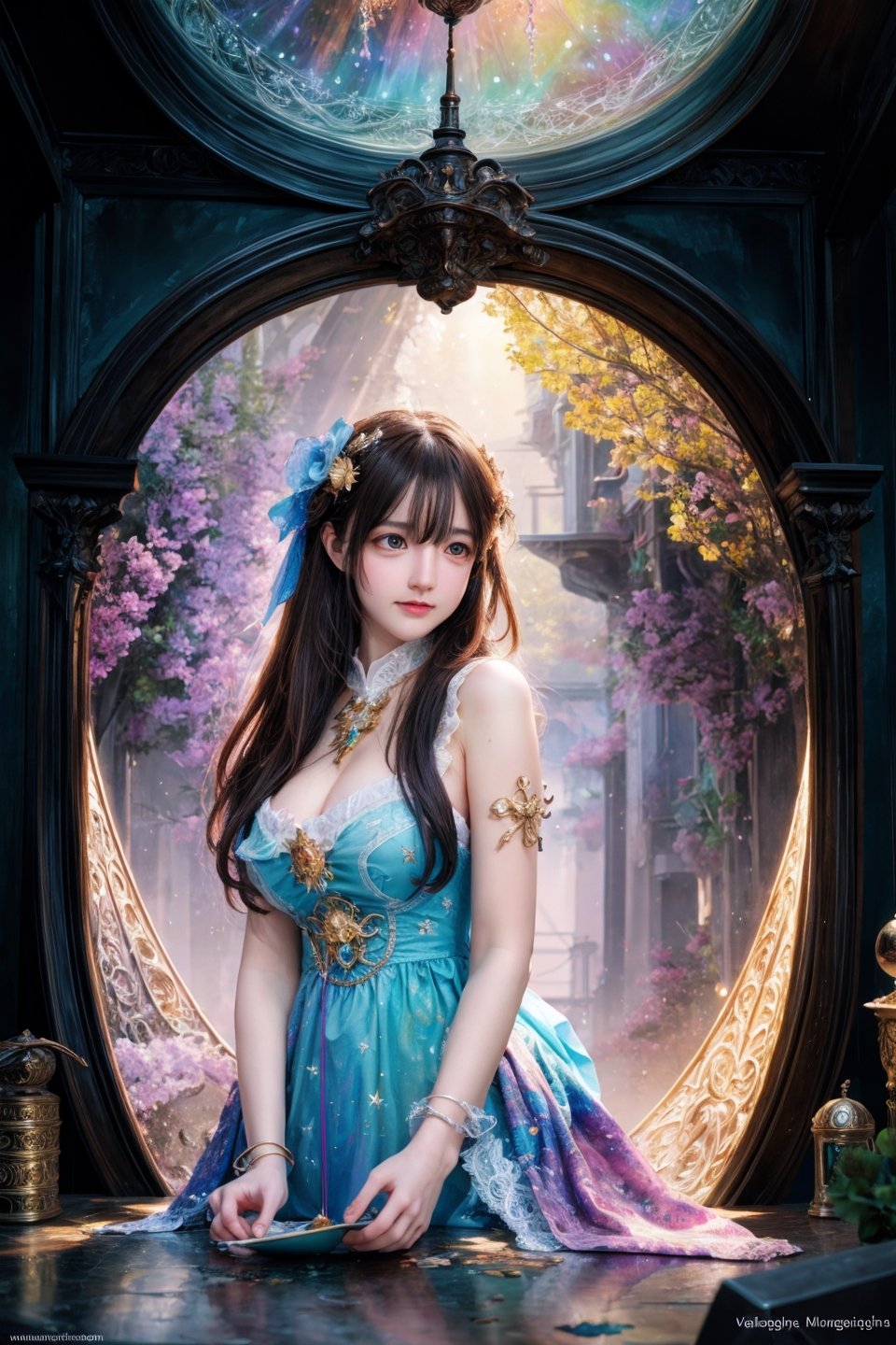 (1girl:1.3), long hair, ultra hd detailed painting, digital art, Jean-Baptiste Monge style, bright, beautiful, splash, Glittering , cute and adorable,  filigree,  , rim lighting, lights, extremely ,  magic, surreal, fantasy, digital art, , wlop, artgerm and james jean, , centered, symmetry, painted, intricate, volumetric lighting, beautiful, rich deep colors masterpiece, sharp focus, ultra detailed, in the style of dan mumford and marc simonetti, astrophotography