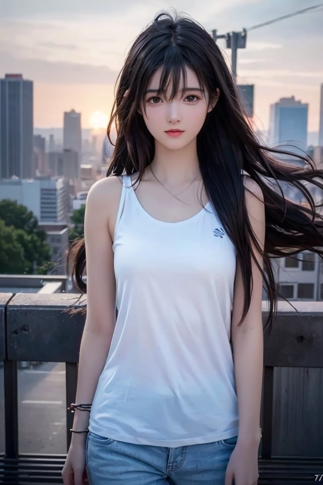 Best quality, masterpiece, ultra high res, (photorealistic:1.37), (medium full shot:1.3), raw photo, a young girl, 17 year old, long hair flowing by the wind, bangs, detailed eyes and face, perfect anatomy. dynamic lighting, in the dark, deep shadow, low key, cinematic image, bright city, floting city on the background.
