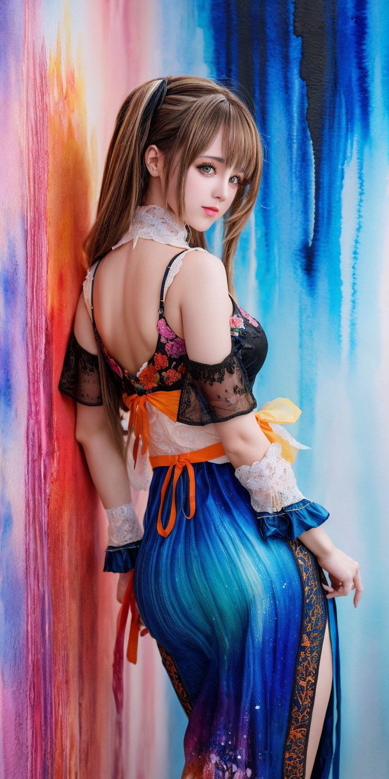 In a stunning watercolor painting (1.4) side view), Riley Reid as Mia Malkova embodies abstract beauty. Her long legs and toned physique are showcased in high definition. The Victorian blouse, with swirling colors of orange, black, blue, and pink, hugs her curves. As she approaches perfection, her gaze meets the viewer's, exuding confidence and allure. Sharp focus and intricate details bring this digital artwork to life on Artstation, a concept piece that rivals 8K quality, blending surrealism and watercolor techniques in a masterclass of artistry.