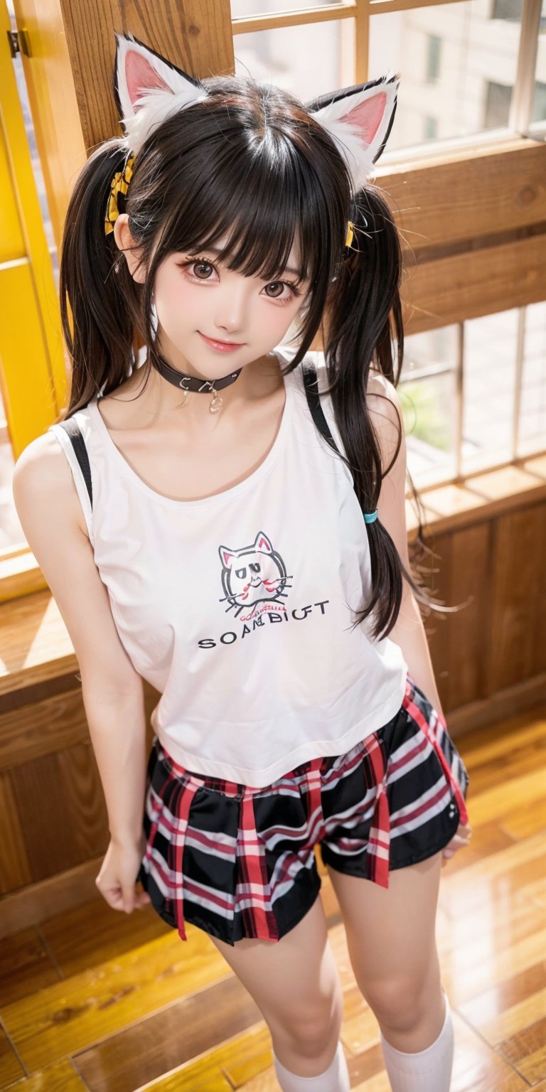 1girl, solo, long hair, hot short pants, sleeveless shirt, black hair, standing, white shirt, short sleeves, indoors, blunt bangs, plaid, feet out of frame, plaid skirt, arms behind back, realistic, side back, messy hair, hyper realistic, dynamic angles from above, cute smile, cat_collar, 
,hina