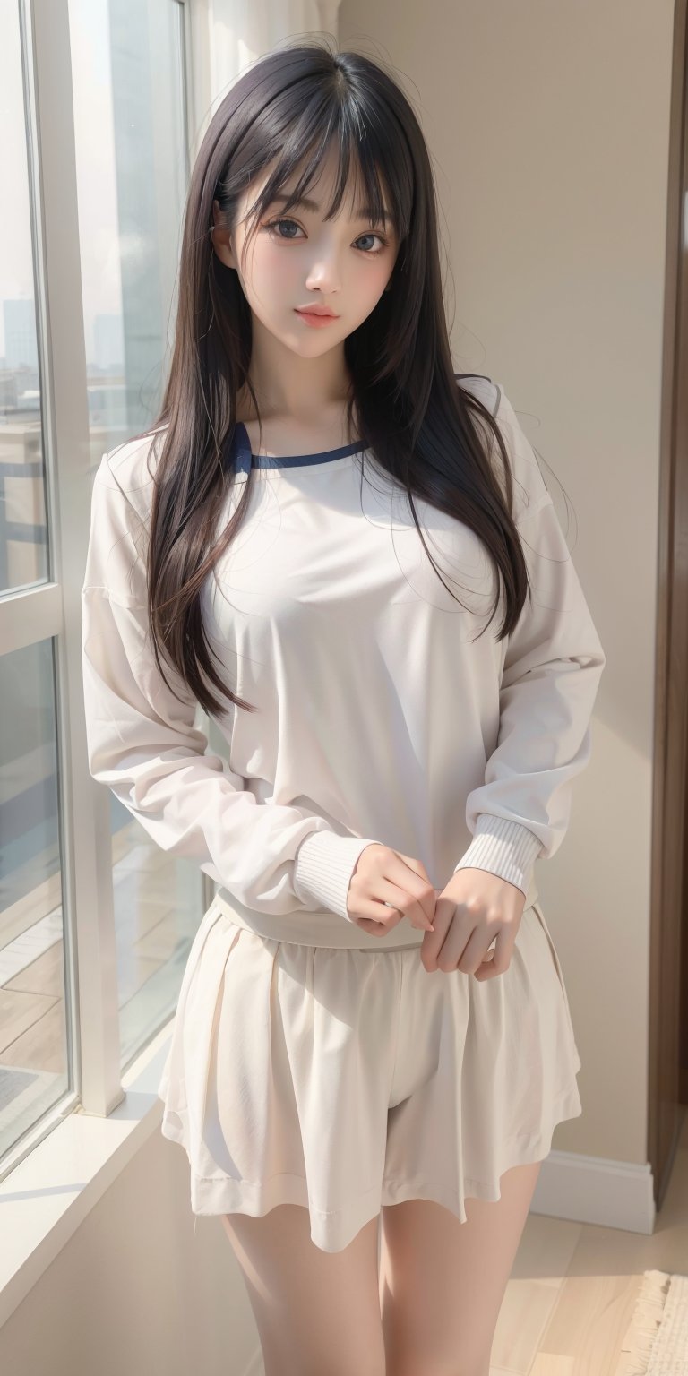 (masterpiece, best quality, highres:1.3), ultra resolution image, (1girl), (solo), ((27 years old)), kawaii, white hair, long flowing hair, bangs, purple eyes, gentle breeze, (soft sunlight:1.3), happy, white shirts, long sleeved, navy color tennis skirt, alone, realistic hand, perfect anatomy, 1 girl,scenery, front view, white background, looking at you