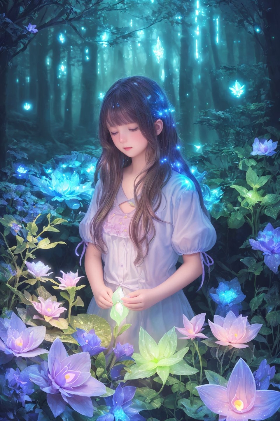 Ultra detailed illustration of a girl lost in a magical world full of wonders forest, (unique luminous flora never seen before:1.4), highly detailed, pastel colors,  digital art, art by Mschiffer, night, dark, bioluminescence,1girl