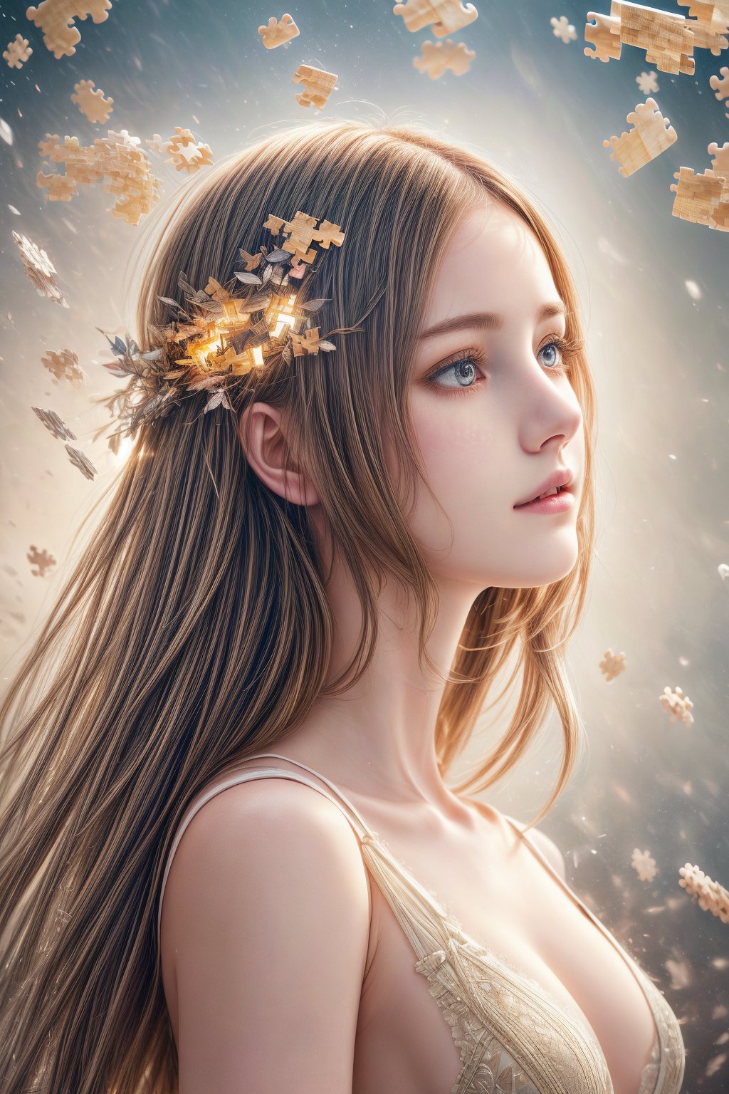 Softbox studio lighting casts a warm glow on the hyperrealistic digital artwork, featuring a female model composed of intricately detailed puzzle pieces. Her serene expression contrasts with the dynamic disassembly of her right side, as fragments scatter into the air. The subtle color palette of natural tones emphasizes the surreal nature of the scene.