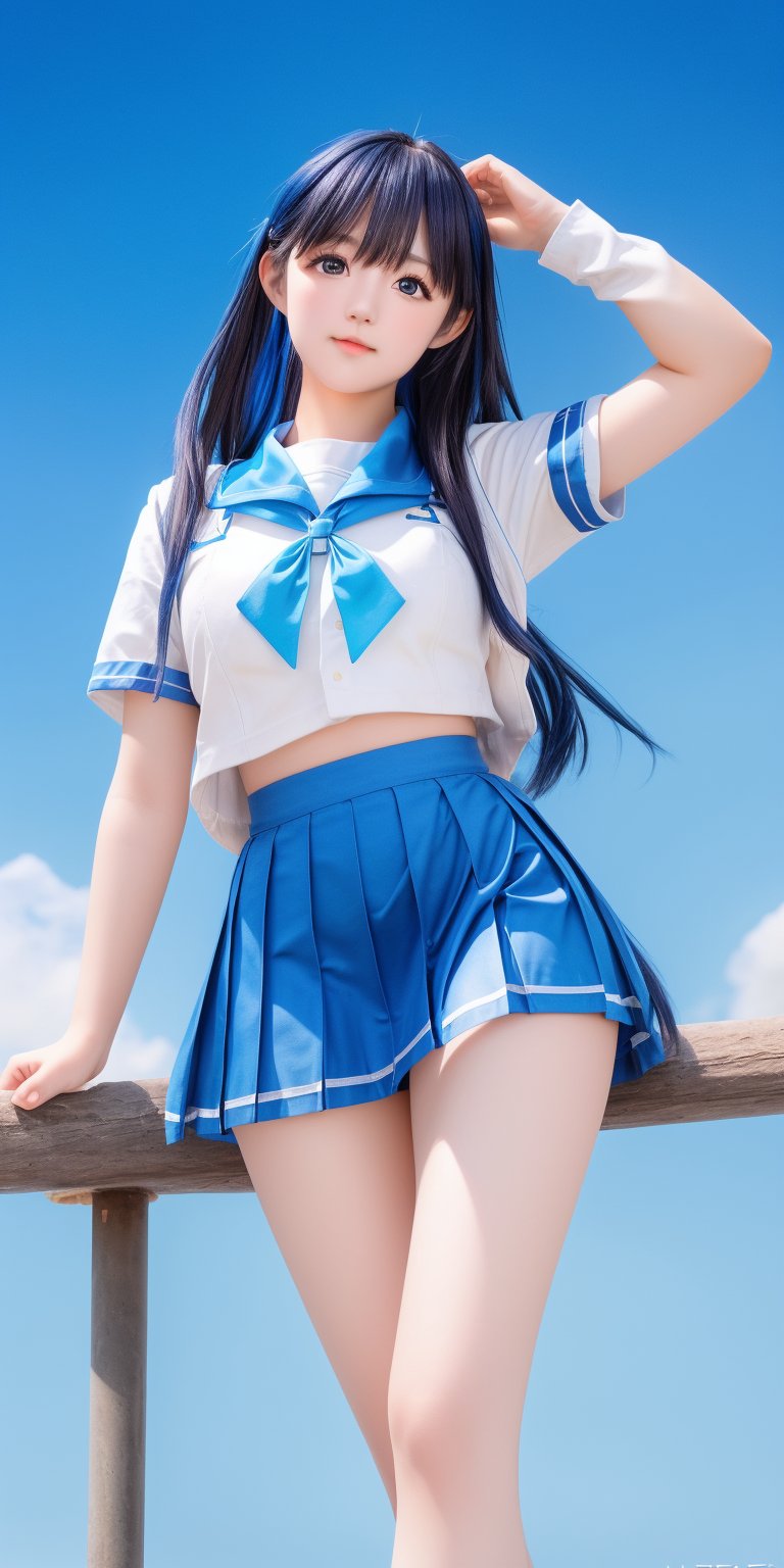 photography, hyper realistic photo, high resolution, a beautiful gril,  innocent, smooth lighting, cinematic image, outdoor, (blue sky:1.3), natural face, long legs, sailor uniform, collar shirt, short blue skirt, una, black shiny hair, slim, messy hair, 