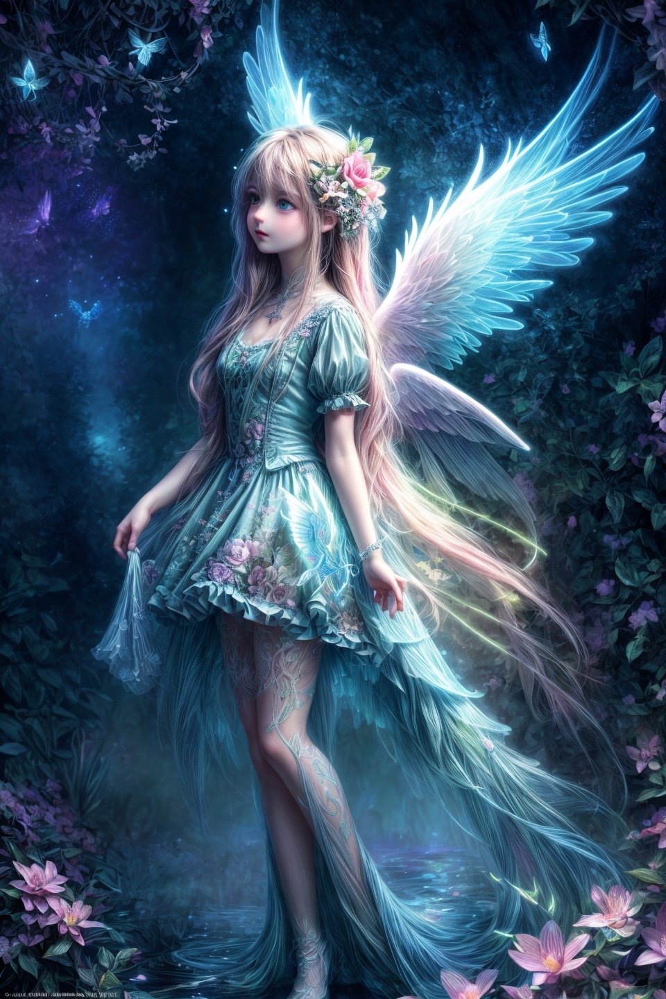 Ultra detailed illustration of an angel lost in a magical world full of wonders, luminous flora and unique luminous fauna never seen before, highly detailed, pastel colors, hand painted strokes, visible strokes, digital art, art by Mschiffer, night, dark, bioluminescence