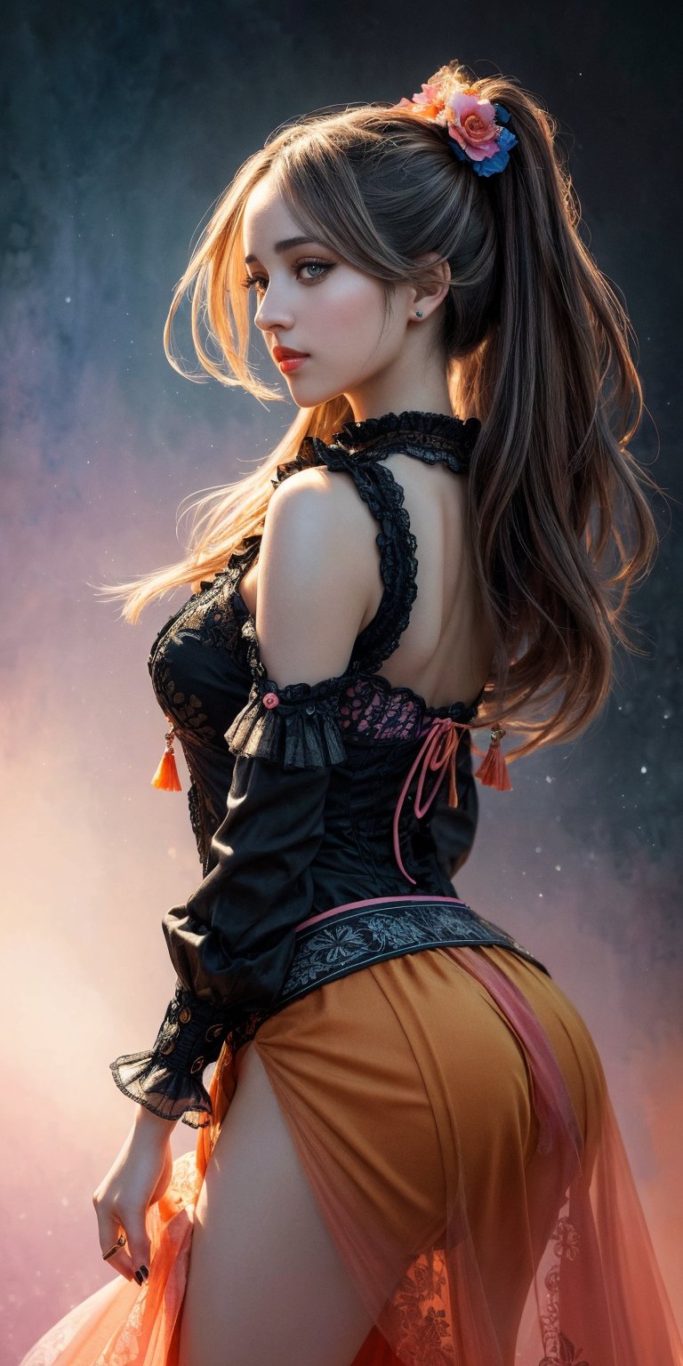 In a stunning watercolor painting (1.4) side view), Riley Reid as Mia Malkova embodies abstract beauty. Her long legs and toned physique are showcased in high definition. The Victorian blouse, with swirling colors of orange, black, blue, and pink, hugs her curves. As she approaches perfection, her gaze meets the viewer's, exuding confidence and allure. Sharp focus and intricate details bring this digital artwork to life on Artstation, a concept piece that rivals 8K quality, blending surrealism and watercolor techniques in a masterclass of artistry.