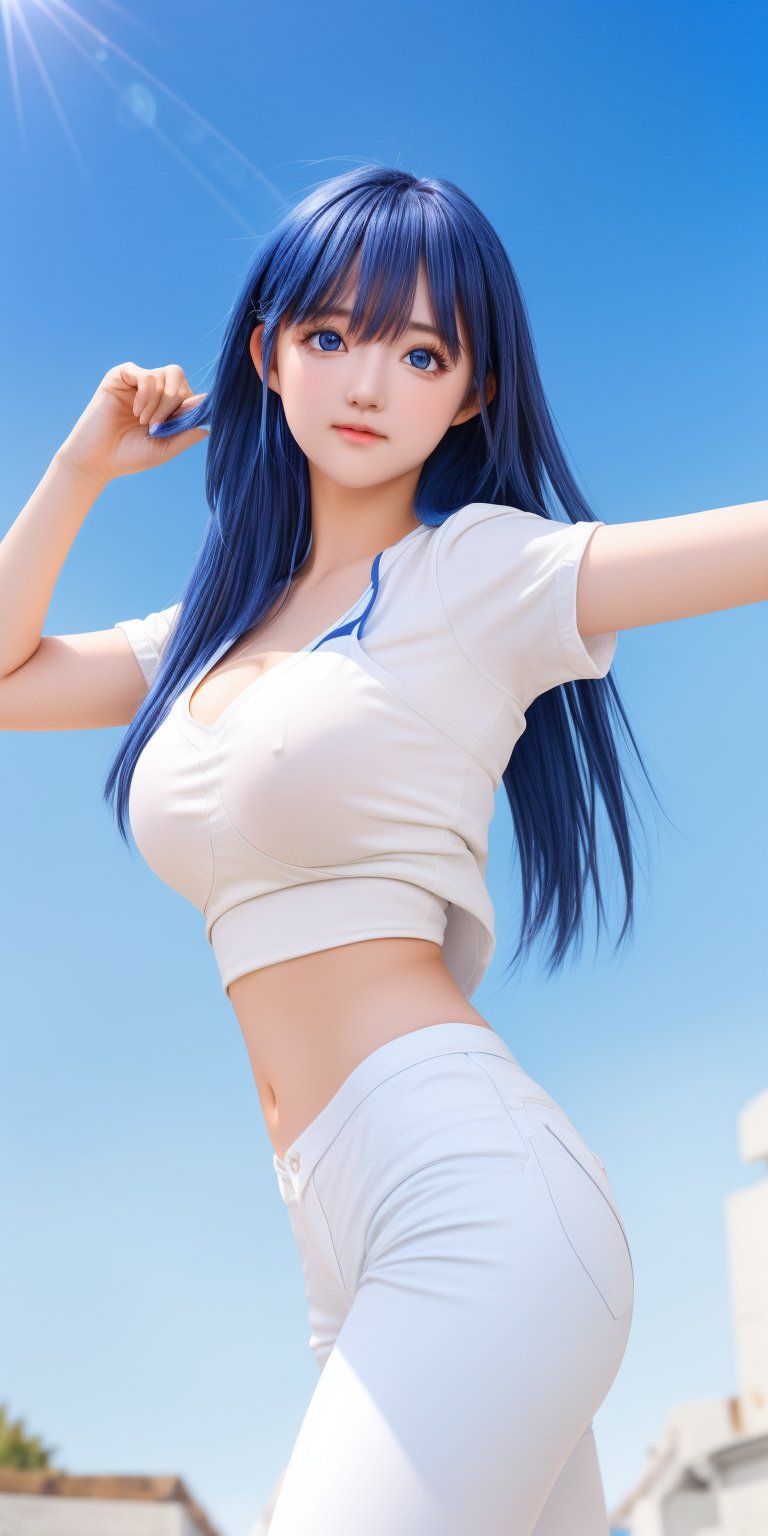 photography, hyper realistic photo, high resolution, a beautiful gril,  innocent, smooth lighting, cinematic image, outdoor, (blue sky:1.3), dynamic pose, natural face, long legs, white shirt, short blue pants,una, black shiny hair, slim, messy hair, 