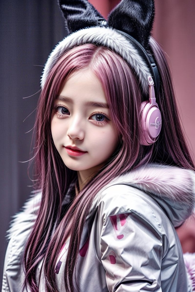 Music note background, 1girl, young girl, pink hair twin-tail, headset, (rabbit fluffy parka coat), Christmas, dynamic pose, box of gifts,masterpiece,<lora:659111690174031528:1.0>