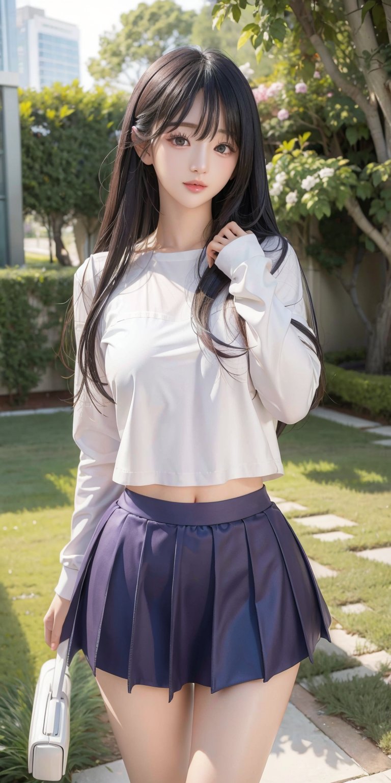 (masterpiece, best quality, highres:1.3), ultra resolution image, (1girl), (solo), ((20 years old)), kawaii, white hair, long flowing hair, bangs, purple eyes, gentle breeze, (soft sunlight:1.3), happy, white shirts, long sleeved, navy color tennis skirt, alone, realistic hand, perfect anatomy, 1 girl,scenery, front view, white background, looking at viewer, ,Hani
