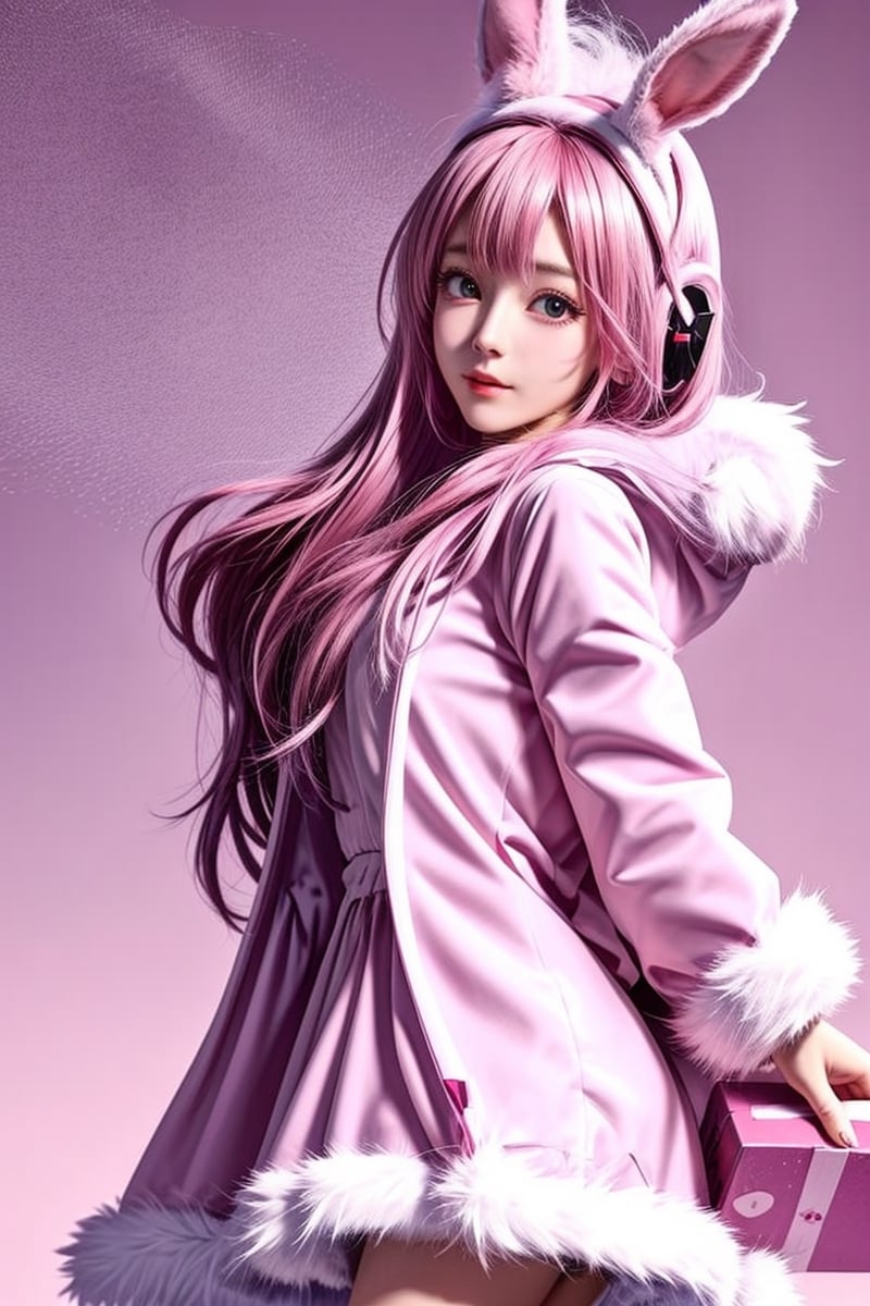 Music note background, 1 girl, pink hair twin-tail, headset, (rabbit fluffy parka coat:1.3), Christmas, dynamic angle, box of gifts
,masterpiece,<lora:659111690174031528:1.0>