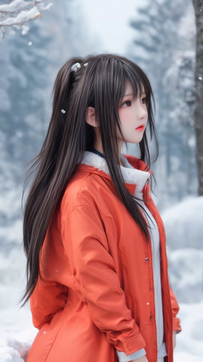 professional studio photo, upper body, a cute 17yo girl, elite model,  A short-haired girl standing in the snow, Red Coat, head up,breeze blowing hair, snow, snowflakes, depth of field, telephoto lens, messy hair, (close-up) , (sad) , sad and melancholy atmosphere, reference movie love letter, profile, head up, ((floating)) bangs or fringes of hair, eyes focused, half-closed, center frame, bottom to top,  
,1 girl,Enhance