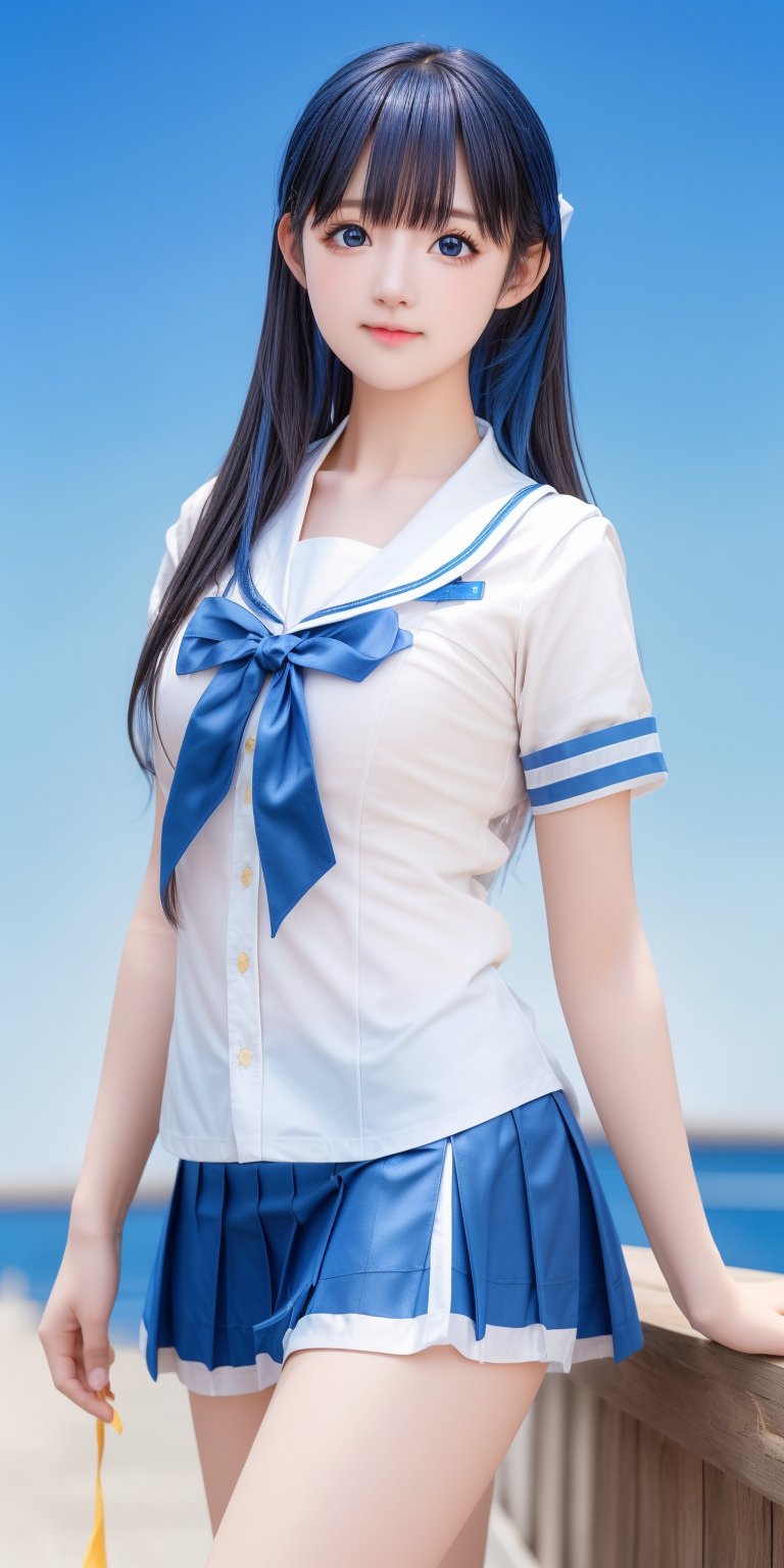 photography, hyper realistic photo, high resolution, a beautiful gril,  innocent, smooth lighting, cinematic image, outdoor, (blue sky:1.3), natural face, long legs, sailor uniform, collar shirt, short blue skirt, una, black shiny hair, slim, messy hair, 