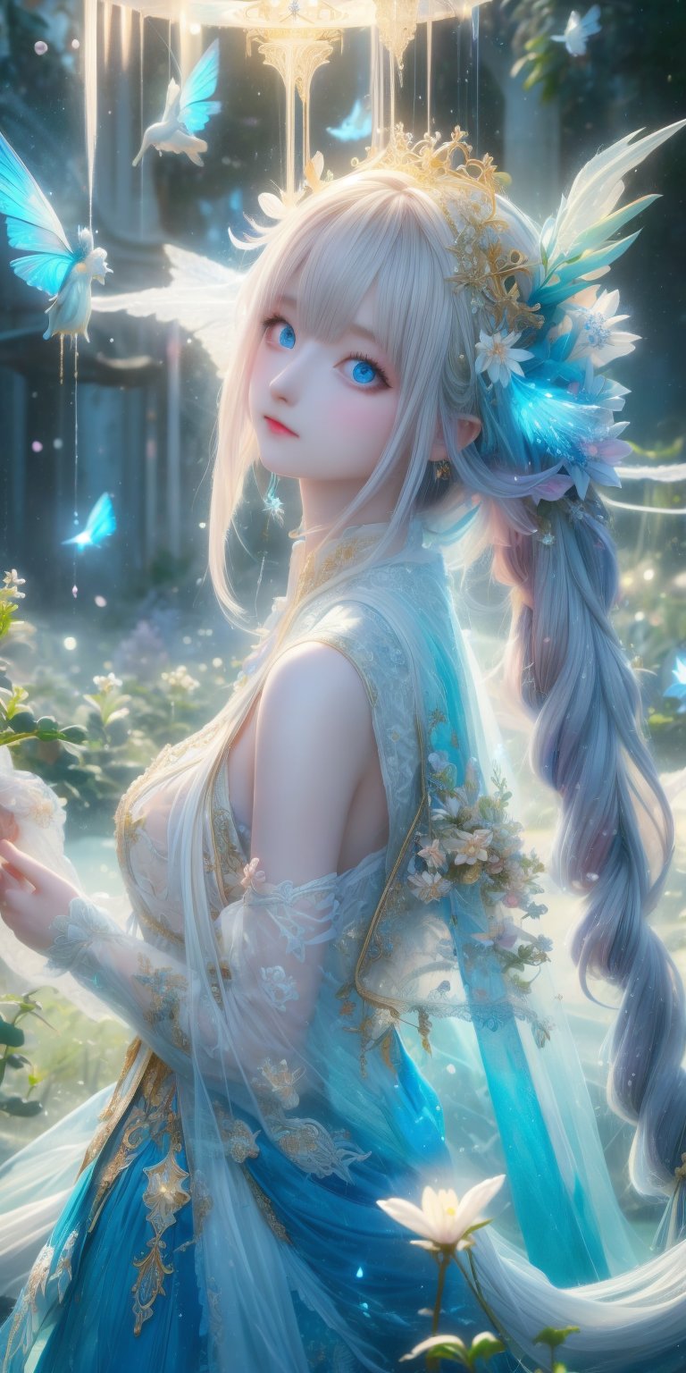 Ultra detailed realistic of a young girl lost in a magical world full of wonders, unique luminous flora never seen before, highly detailed, pastel colours, digital art, art by Mschiffer, night, dark, bioluminescence, slim, tall, perfect upper body, dynamic pose, pale skin, golden hair, blue eyes, white skin, (long flowing hair, floating hair, long hair, messy hair), ((long floating sheer)), perfect fingers, long bangs, medium shot, upper body, in the dark, deep shadow, low key, intricate fractal art